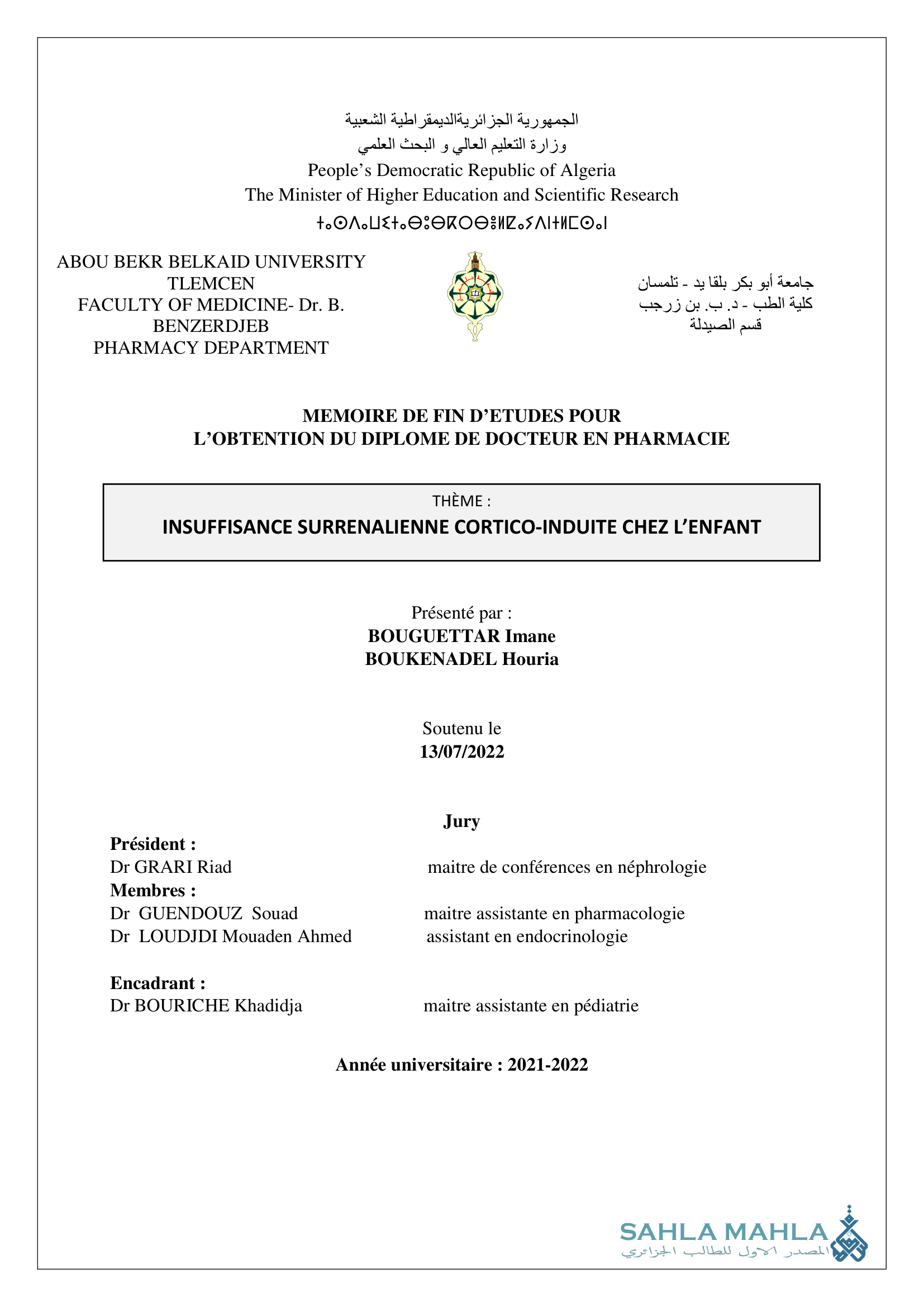 INSUFFISANCE SURRENALIENNE CORTICO-INDUITE CHEZ L'ENFANT