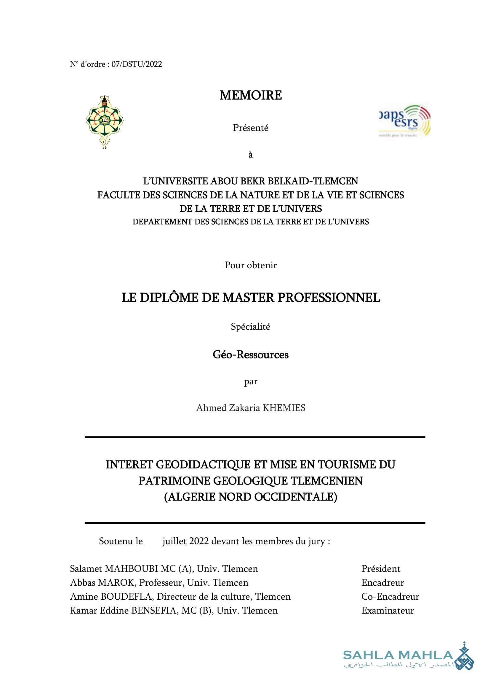 INTERET GEODIDACTIQUE ET MISE EN TOURISME DU PATRIMOINE GEOLOGIQUE TLEMCENIEN (ALGERIE NORD OCCIDENTALE)