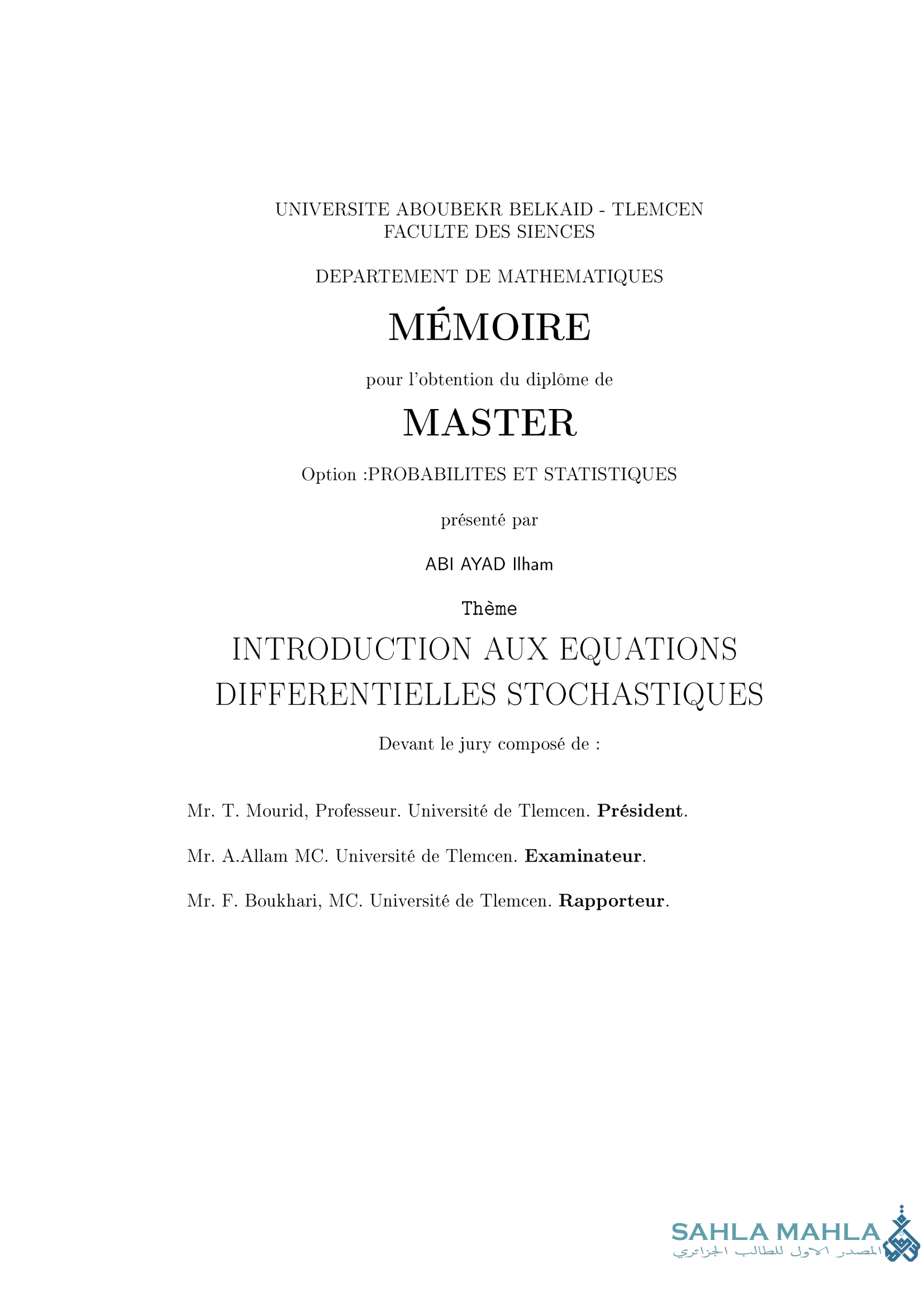 INTRODUCTION AUX EQUATIONS DIFFERENTIELLES STOCHASTIQUES