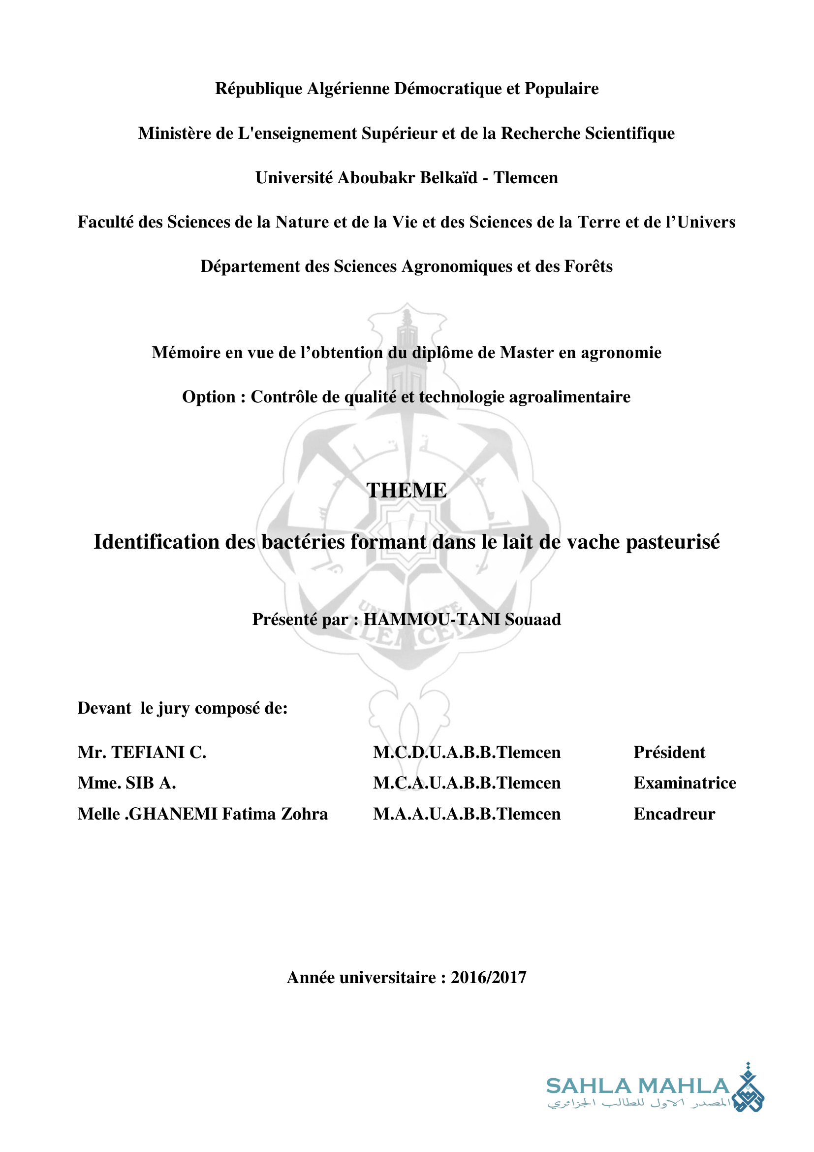Identification des bactéries formant dans le lait de vache pasteurisé
