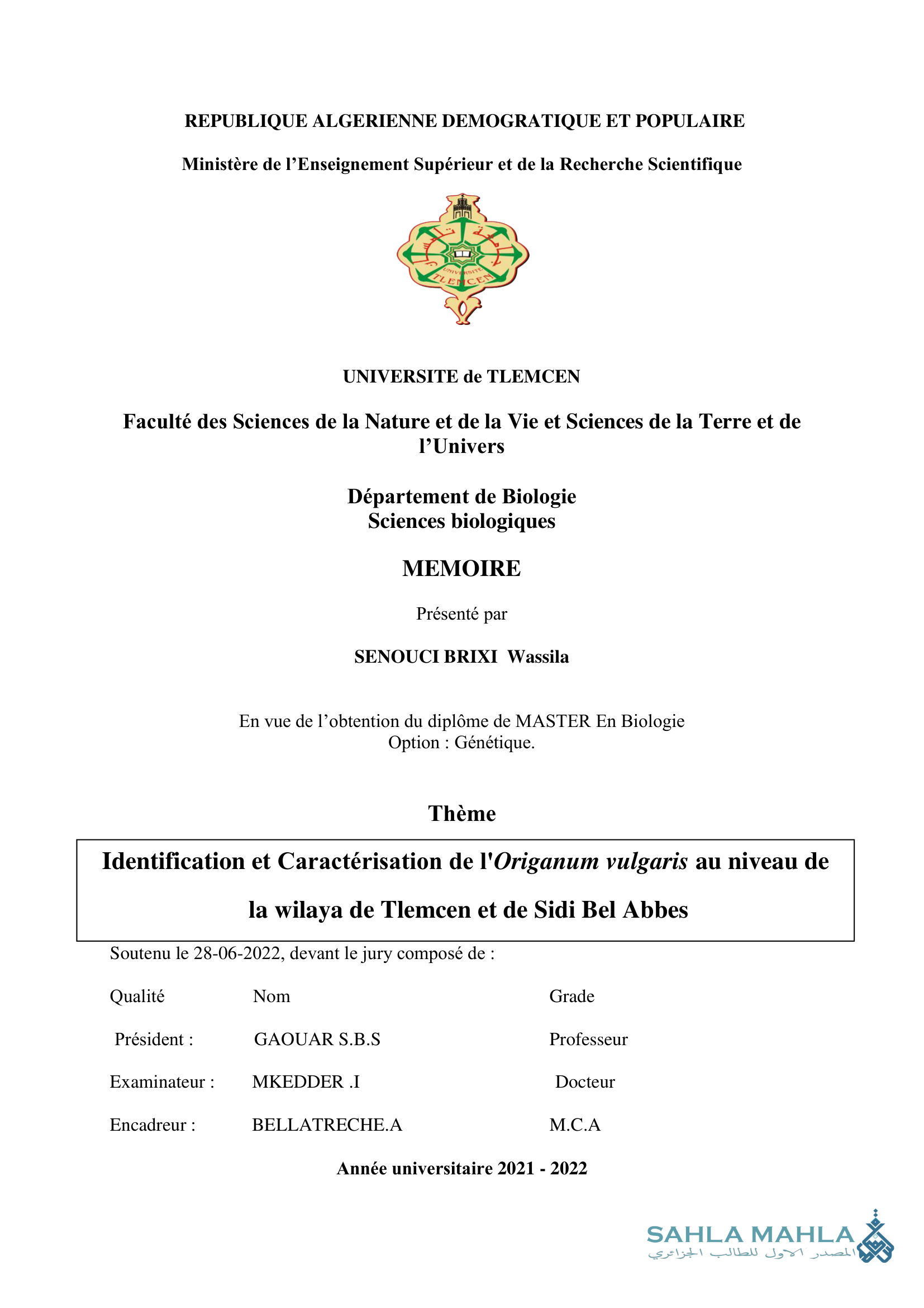Identification et Caractérisation de l'Origanum vulgaris au niveau de la wilaya de Tlemcen et de Sidi Bel Abbes