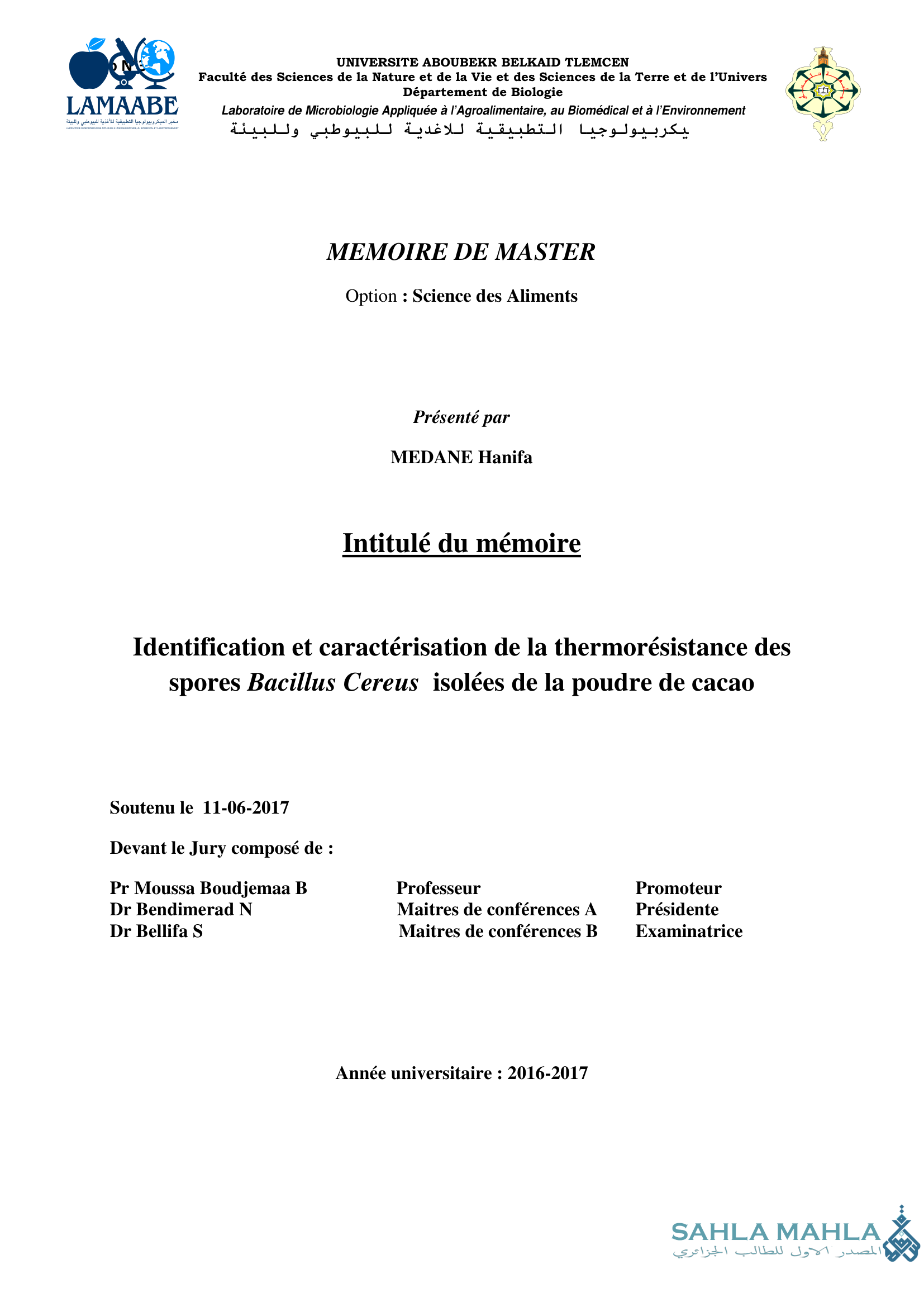 Identification et caractérisation de la thermorésistance des spores Bacillus Cereus isolées de la poudre de cacao