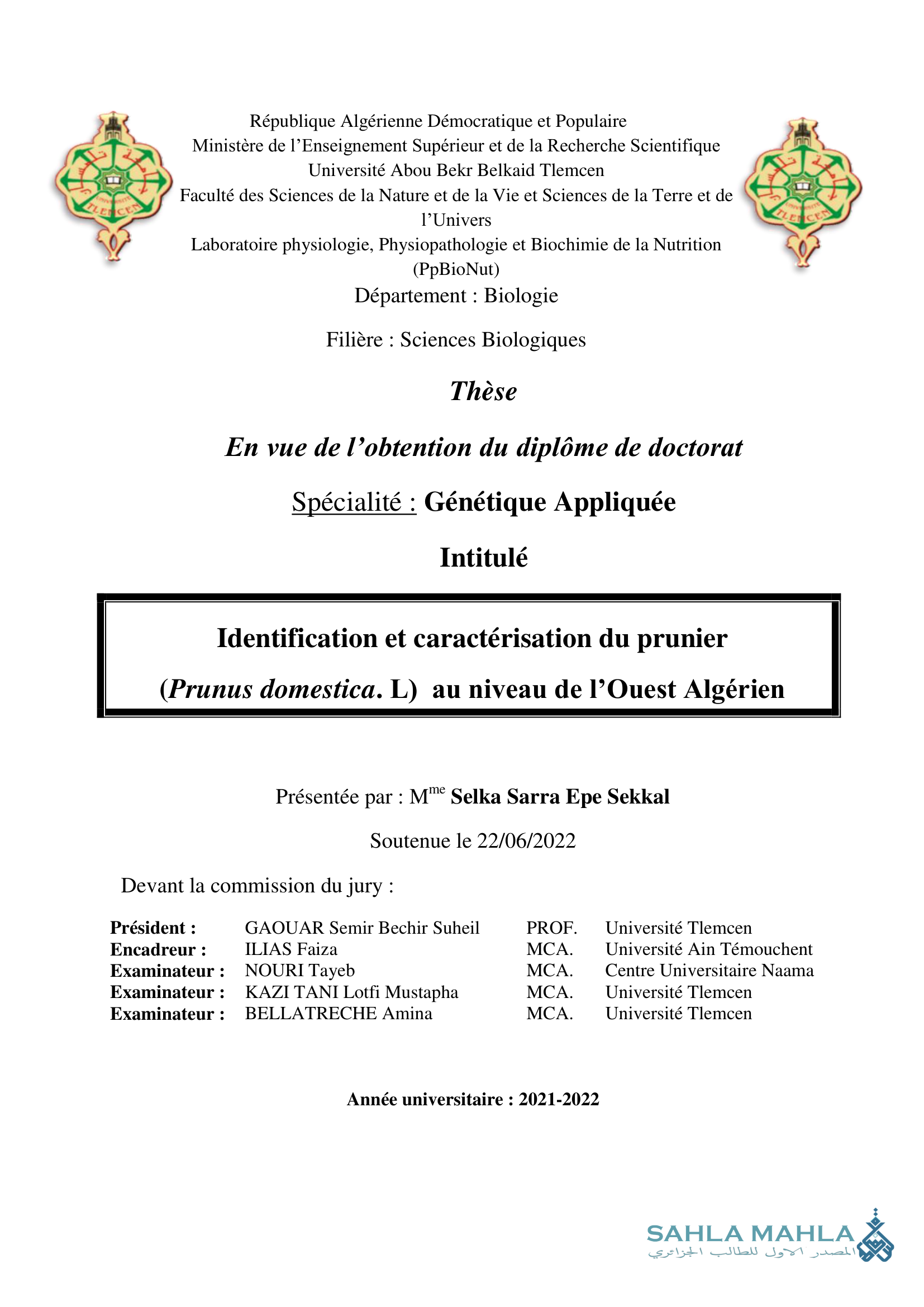 Identification et caractérisation du prunier (Prunus domestica. L) au niveau de l'Ouest Algérien