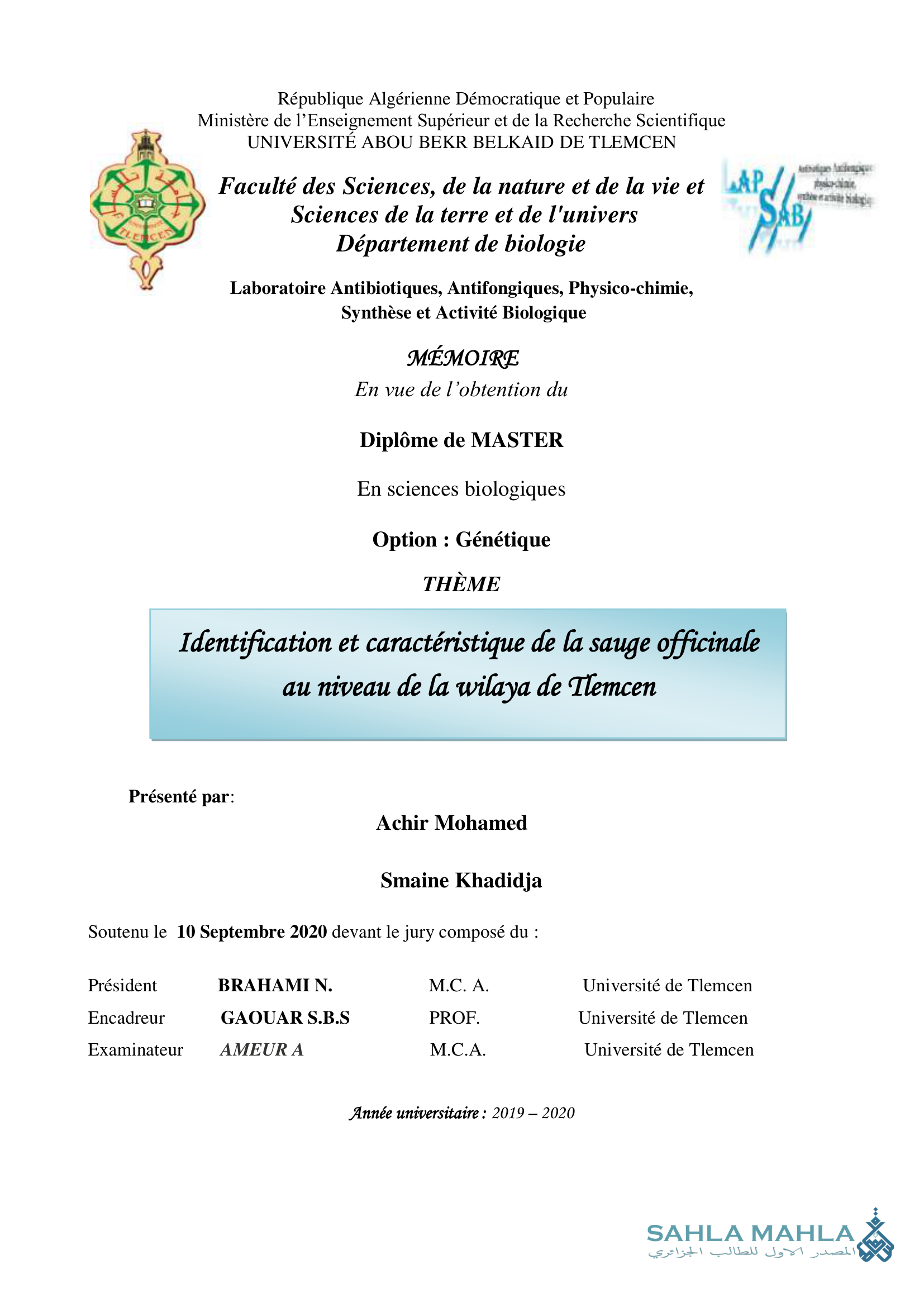 Identification et caractéristique de la sauge officinale au niveau de la wilaya de Tlemcen