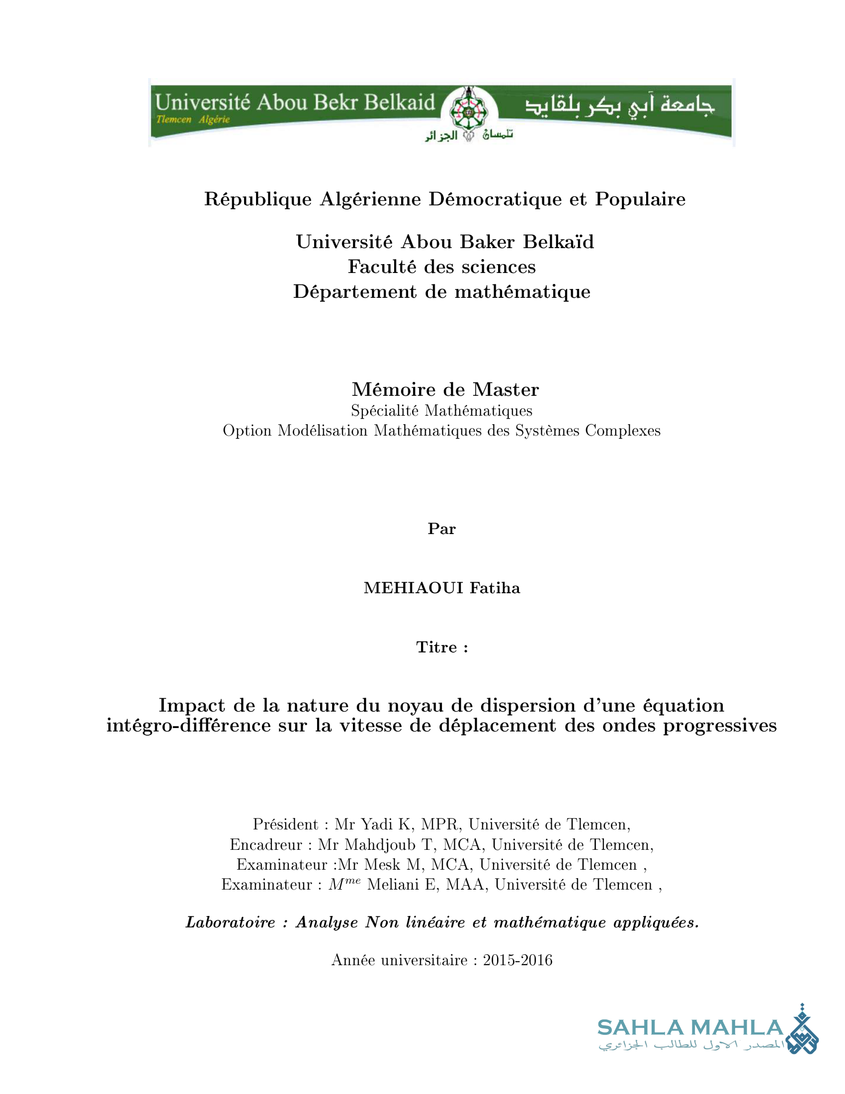 Impact de la nature du noyau de dispersion d'une équation intégro-différence sur la vitesse de déplacement des ondes progressives