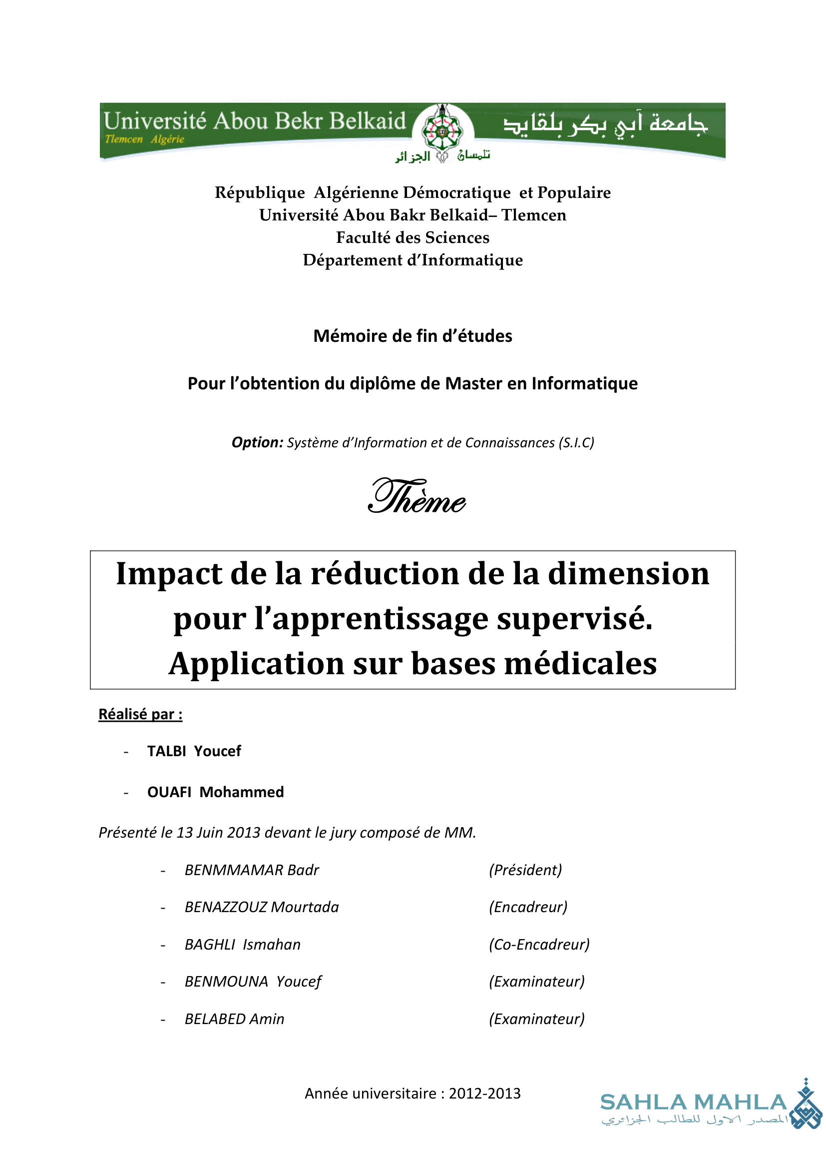 Impact de la réduction de la dimension pour l'apprentissage supervisé. Application sur bases médicales
