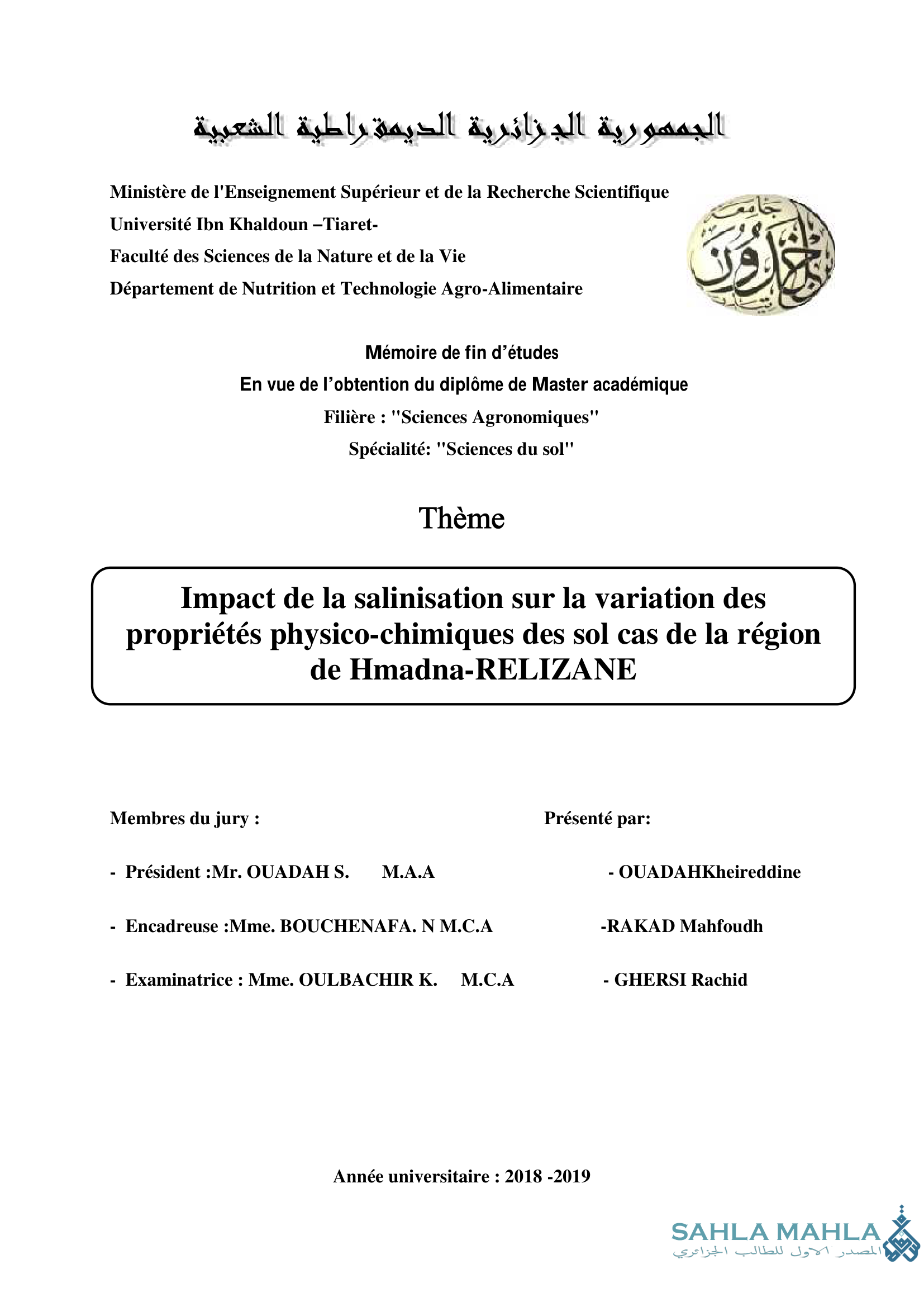 Impact de la salinisation sur la variation des propriétés physico-chimiques des sol cas de la région de Hmadna-RELIZANE