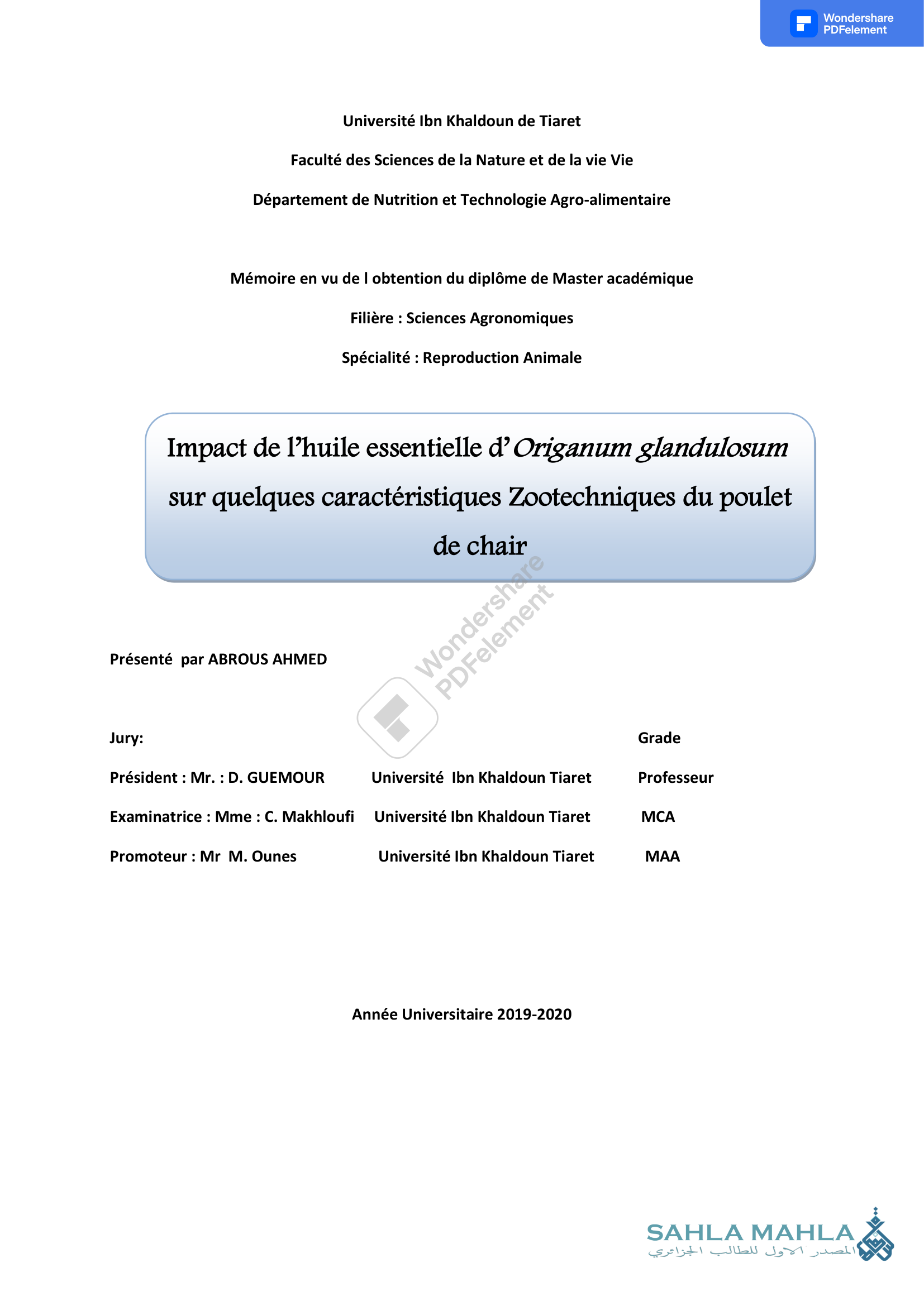 Impact de l'huile essentielle d'Origanum glandulosum sur quelques caractéristiques Zootechniques du poulet de chair
