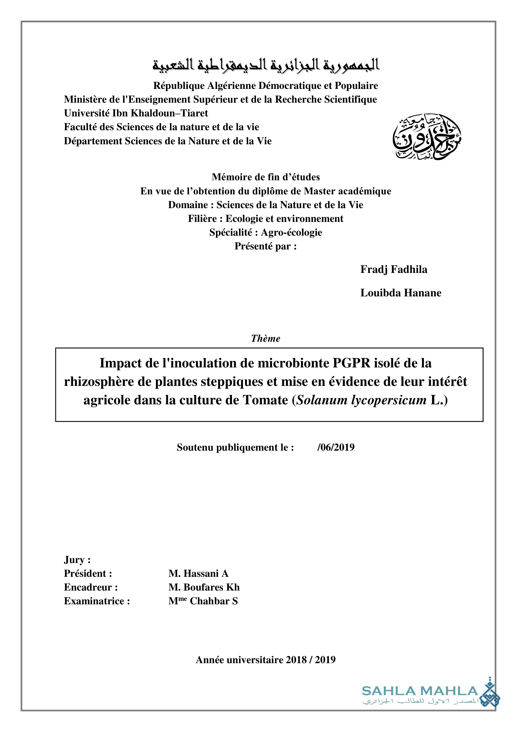 Impact de l'inoculation de microbionte PGPR isolé de la rhizosphère de plantes steppiques et mise en évidence de leur intérêt agricole dans la culture de Tomate (Solanum lycopersicum L.)