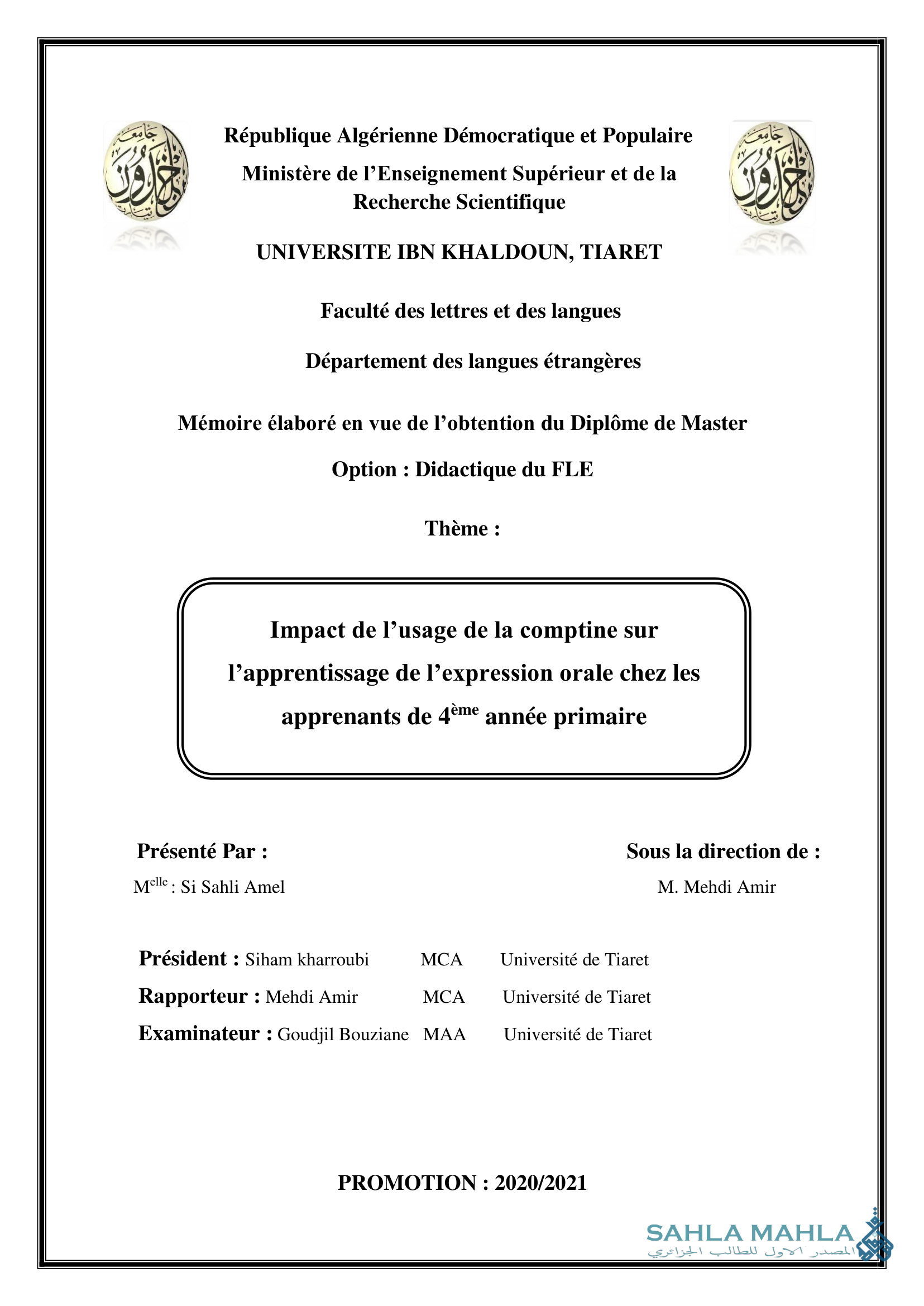 Impact de l'usage de la comptine sur l'apprentissage de l'expression orale chez les apprenants de 4ème année primaire