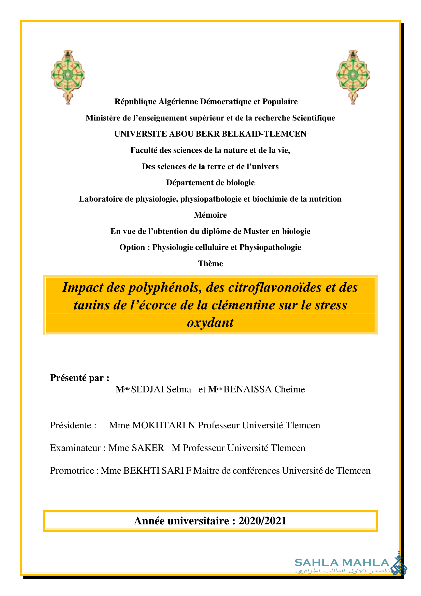 Impact des polyphenols, des citroflavonoïdes et des tanins de l'écorce de la clémentine sur le stress oxydant