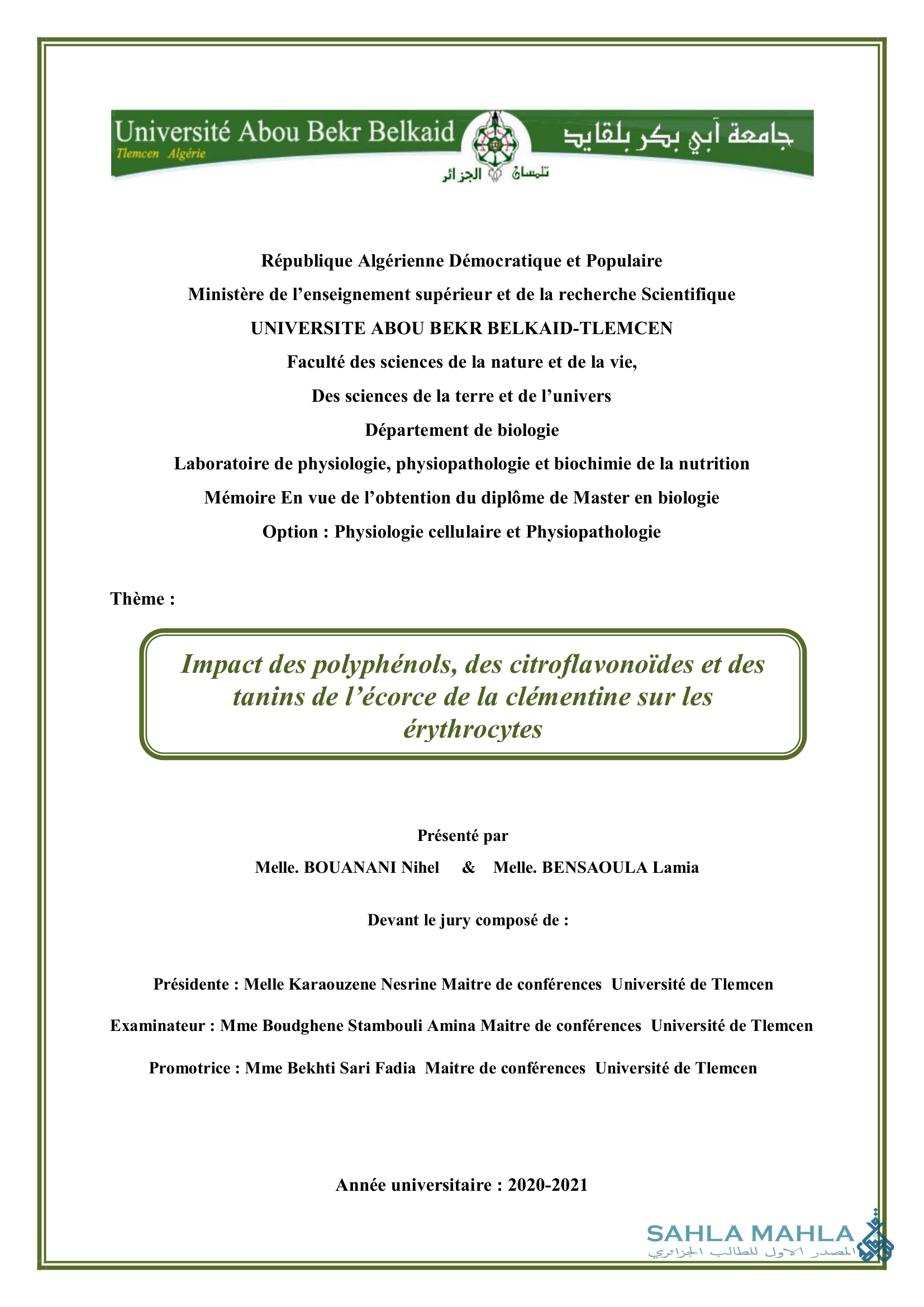 Impact des polyphenols, des citroflavonoïdes et des tanins de l'écorce de la clémentine sur les érythrocytes