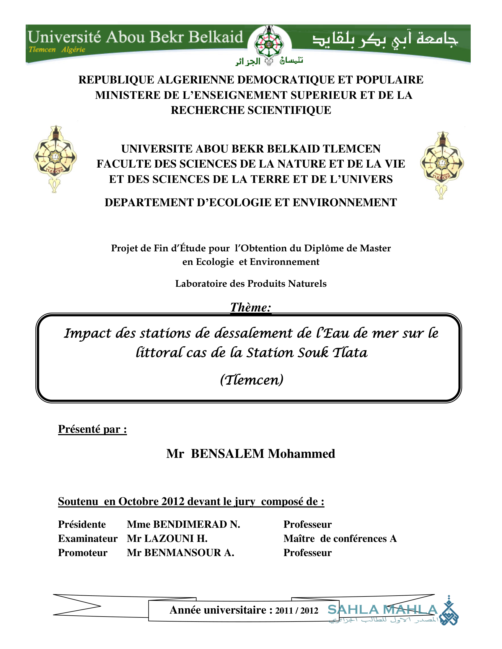 Impact des stations de dessalement de l'Eau de mer sur le littoral cas de la Station Souk Tlata (Tlemcen)