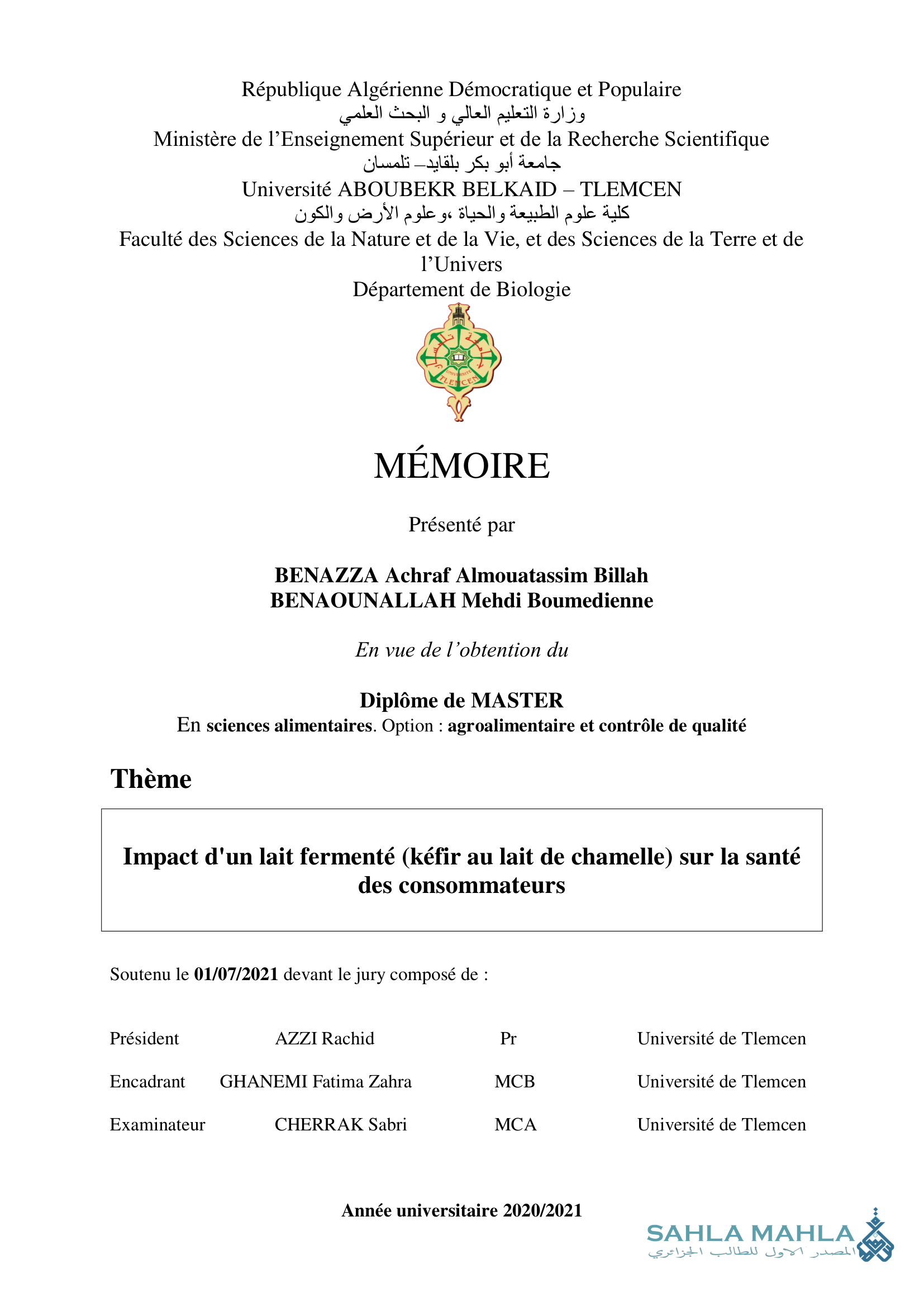 Impact d'un lait fermenté (kéfir au lait de chamelle) sur la santé des consommateurs
