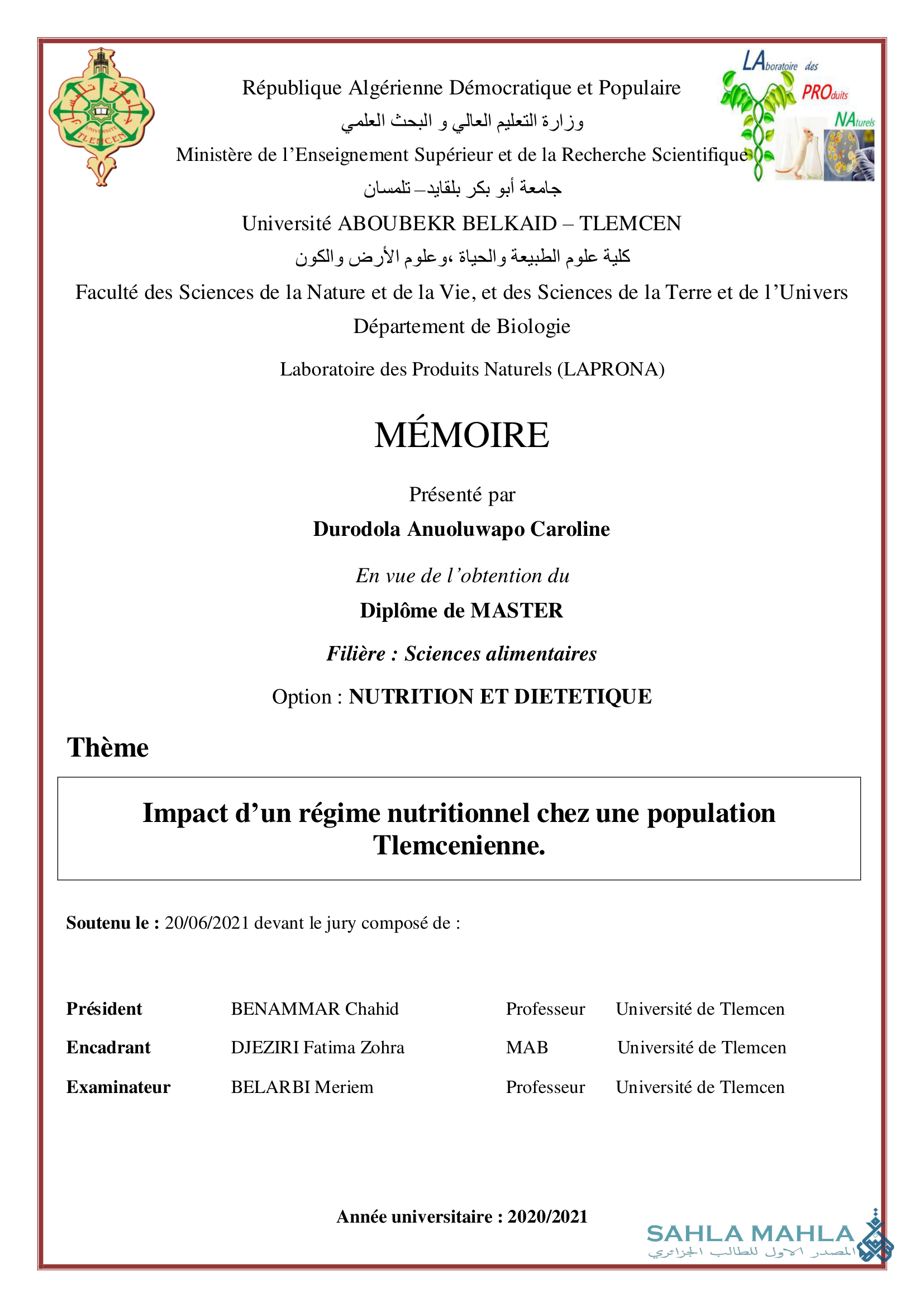 Impact d'un régime nutritionnel chez une population Tlemcenienne.