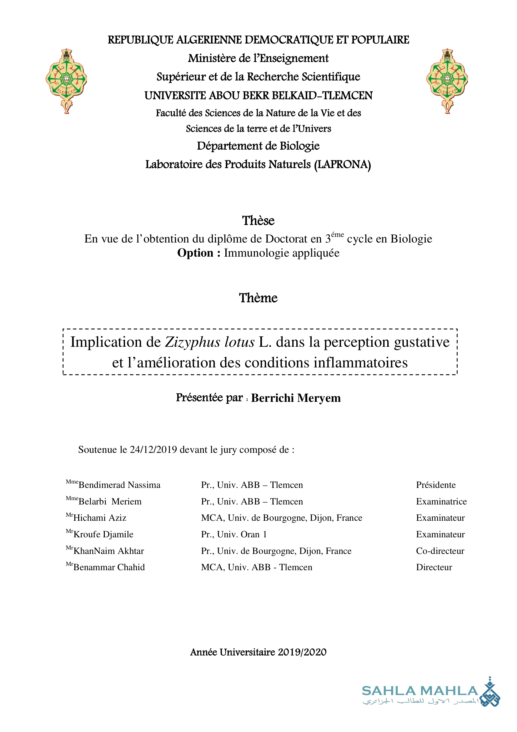 Implication de Zizyphus lotus L. dans la perception gustative et l'amélioration des conditions inflammatoires