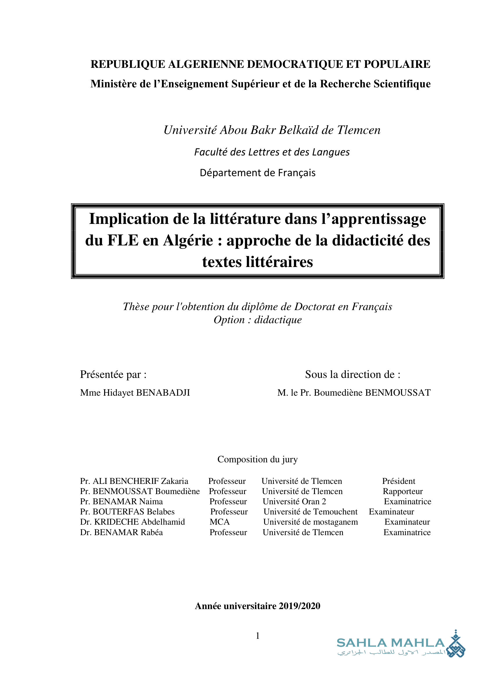 Implication de la littérature dans l'apprentissage du FLE en Algérie : approche de la didacticité des textes littéraires