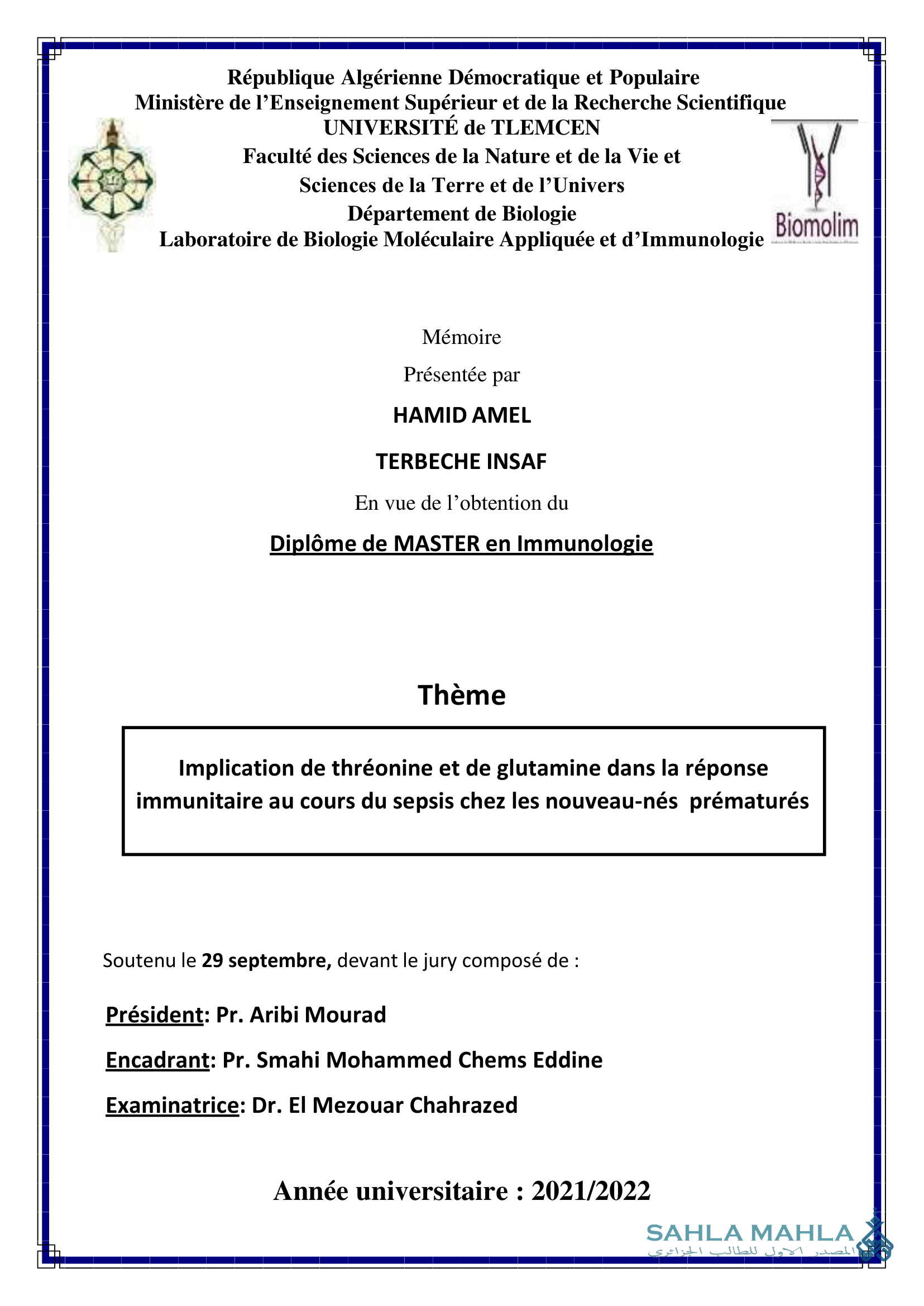 Implication de threonine et de glutamine dans la réponse immunitaire au cours du sepsis chez les nouveau-nés prématurés
