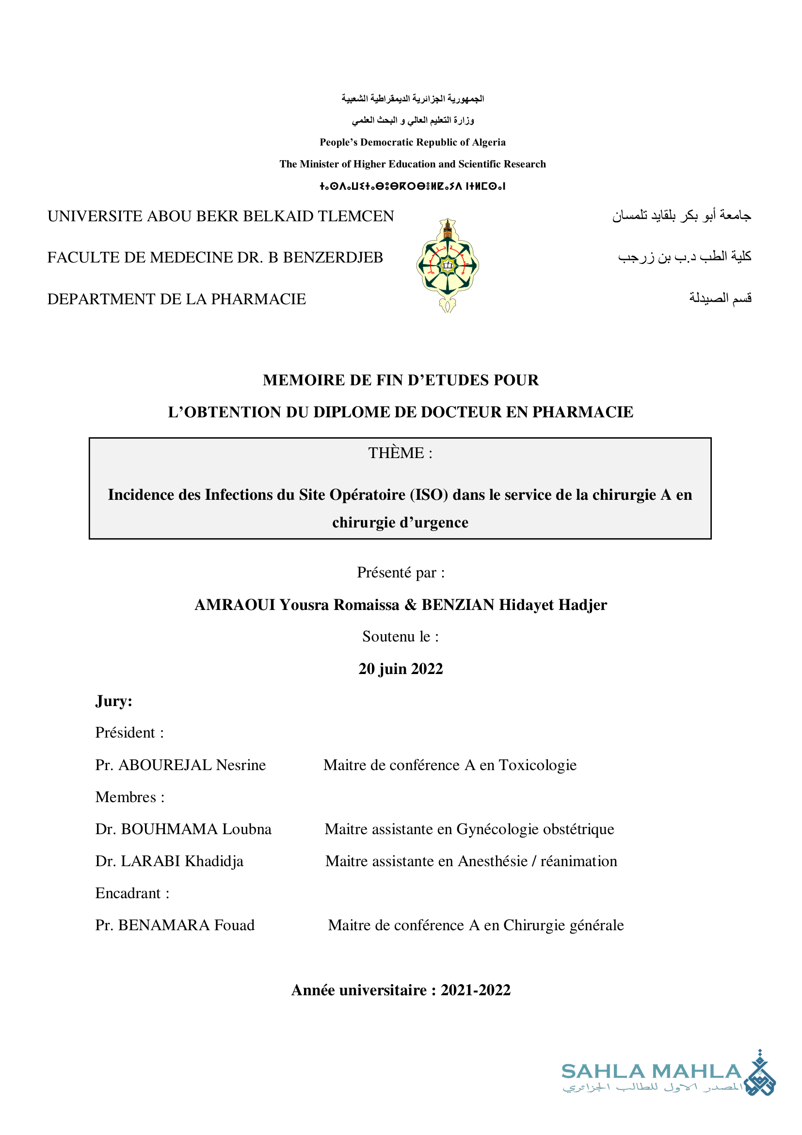 Incidence des Infections du Site Opératoire (ISO) dans le service de la chirurgie A en chirurgie d'urgence