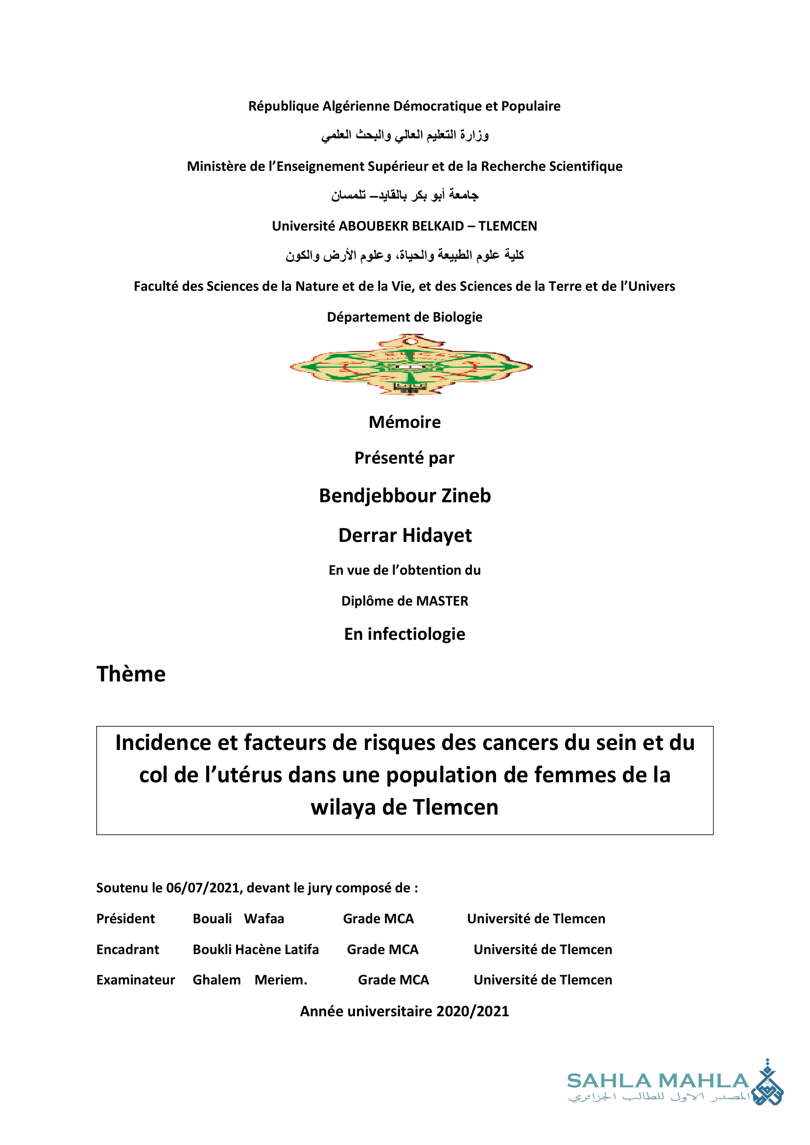 Incidence et facteurs de risques des cancers du sein et du col de l'utérus dans une population de femmes de la wilaya de Tlemcen