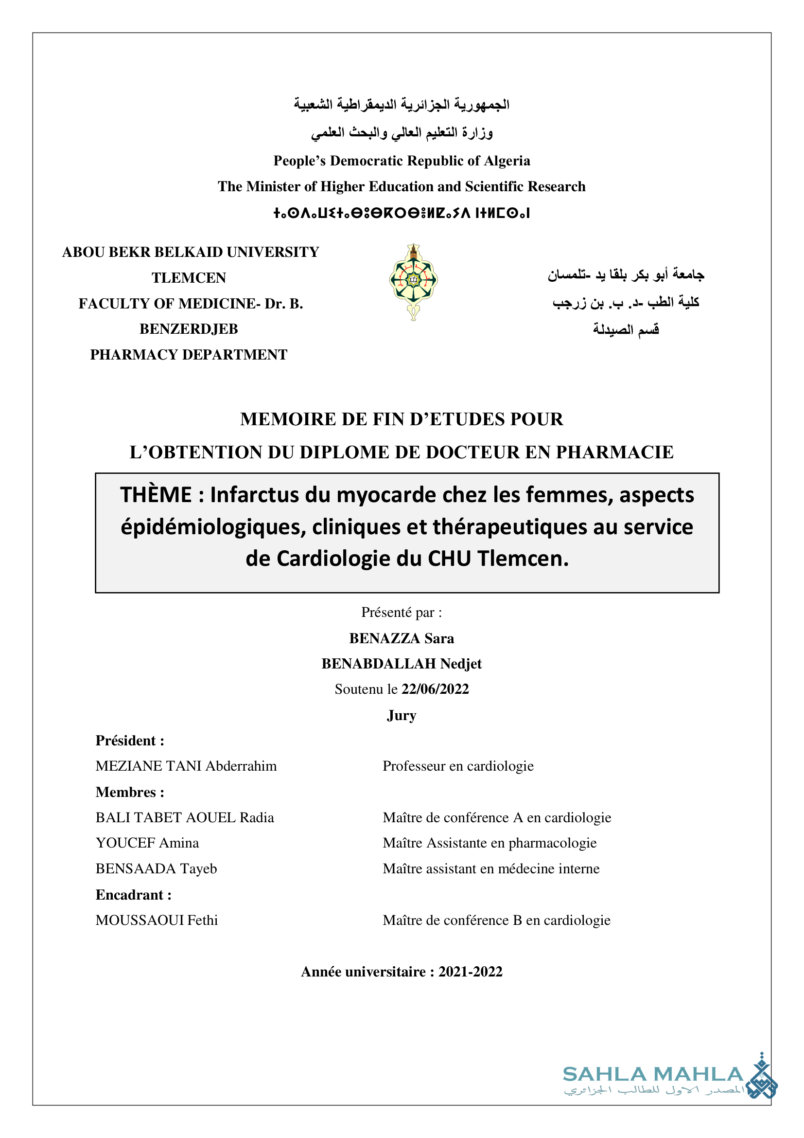 Infarctus du myocarde chez les femmes, aspects épidémiologiques, cliniques et thérapeutiques au service de Cardiologie du CHU Tlemcen.