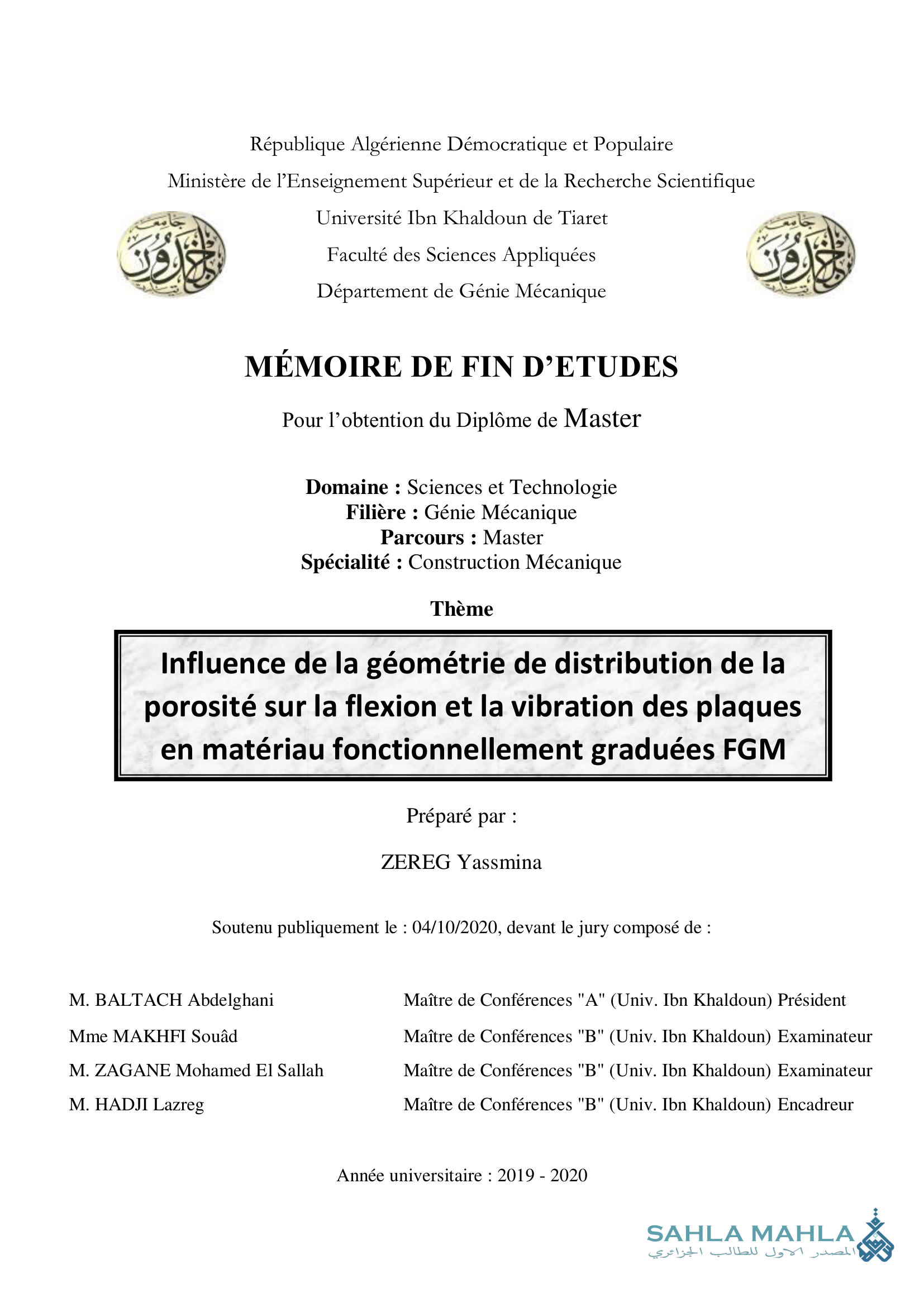 Influence de la géométrie de distribution de la porosité sur la flexion et la vibration des plaques en matériau fonctionnellement graduées FGM