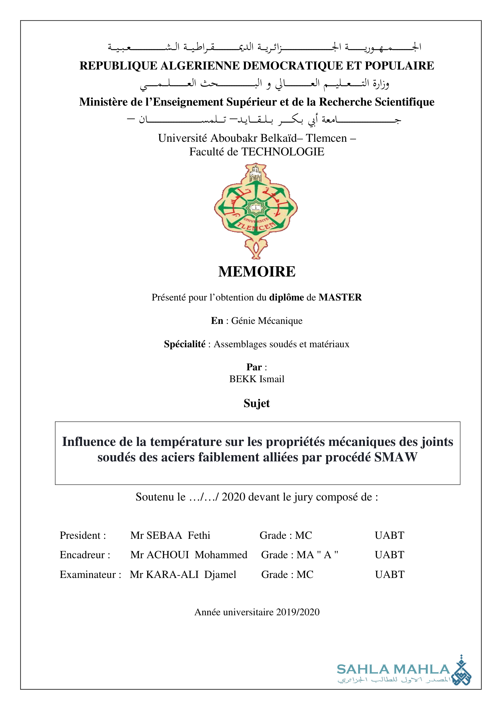 Influence de la température sur les propriétés mécaniques des joints soudés des aciers faiblement alliées par procédé SMAW