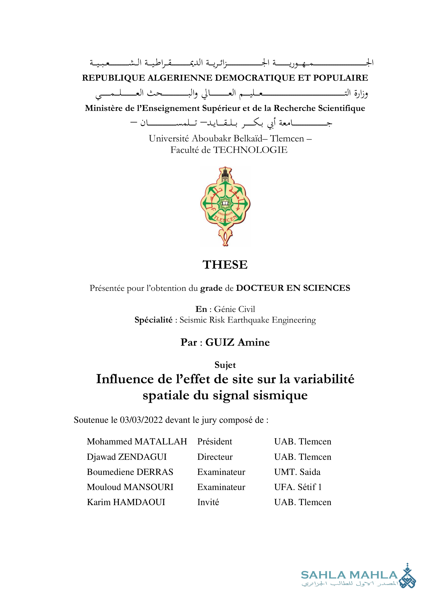 Influence de l'effet de site sur la variabilité spatiale du signal sismique