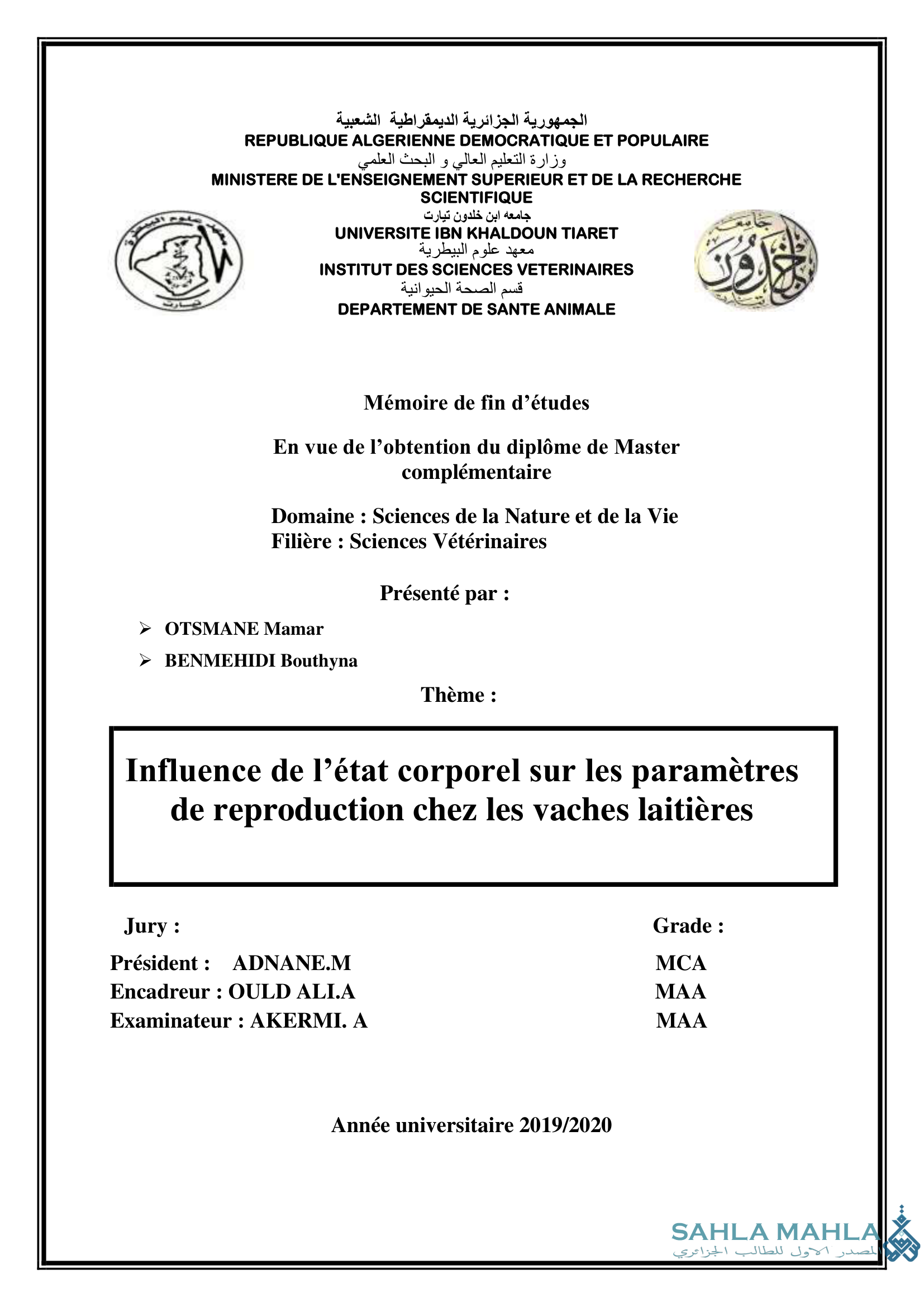 Influence de l'état corporel sur les paramètres de reproduction chez les vaches laitières