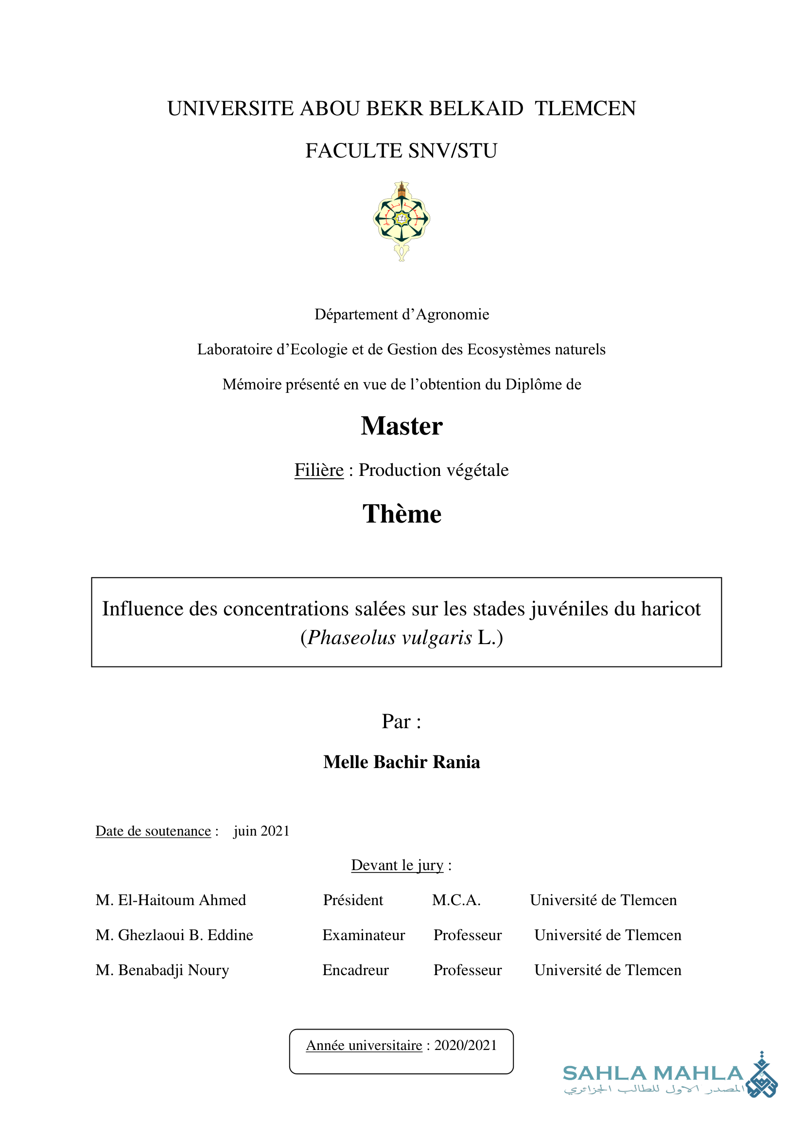 Influence des concentrations salées sur les stades juvéniles du haricot (Phaseolus vulgaris L.)