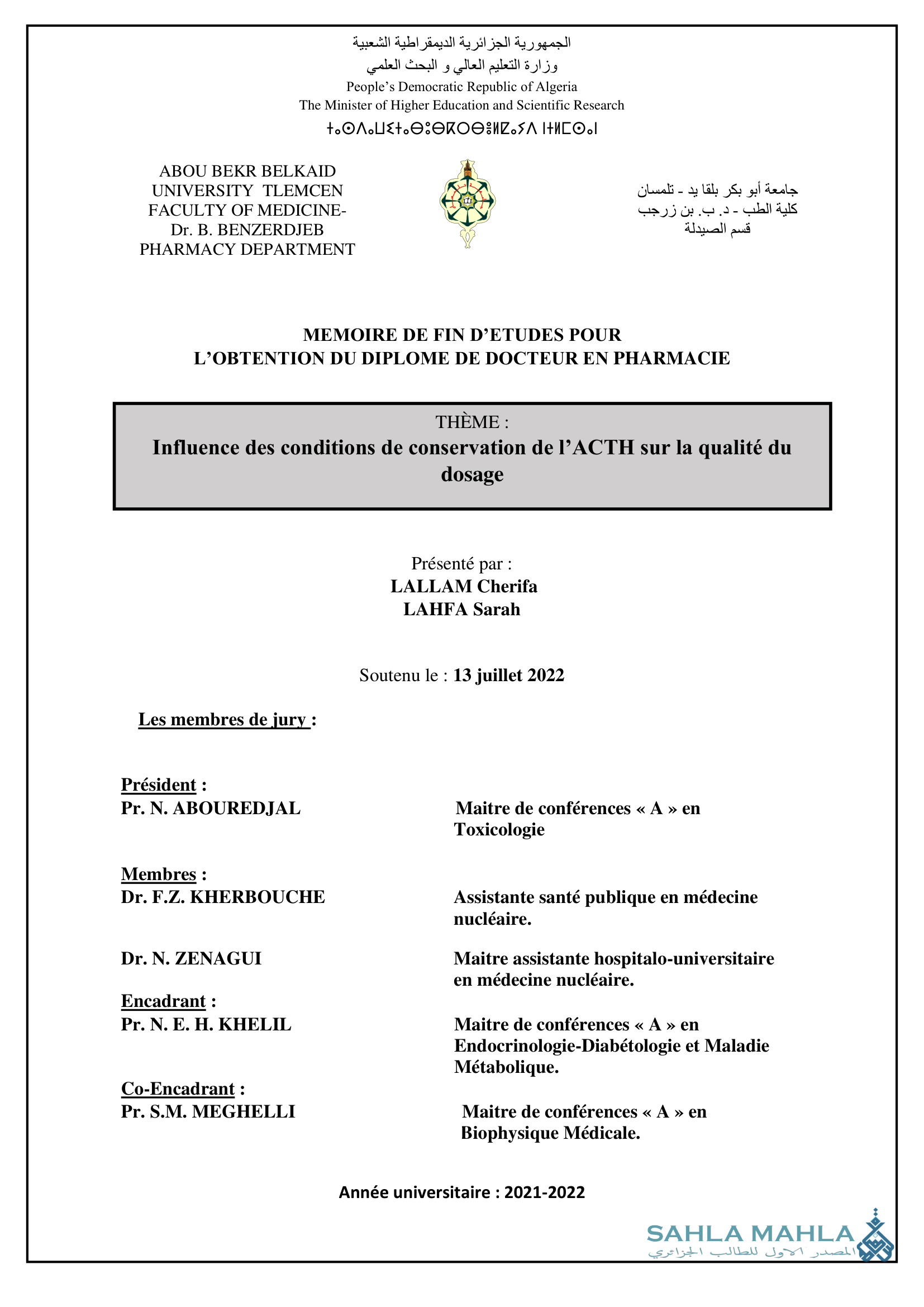 Influence des conditions de conservation de l'ACTH sur la qualité du dosage