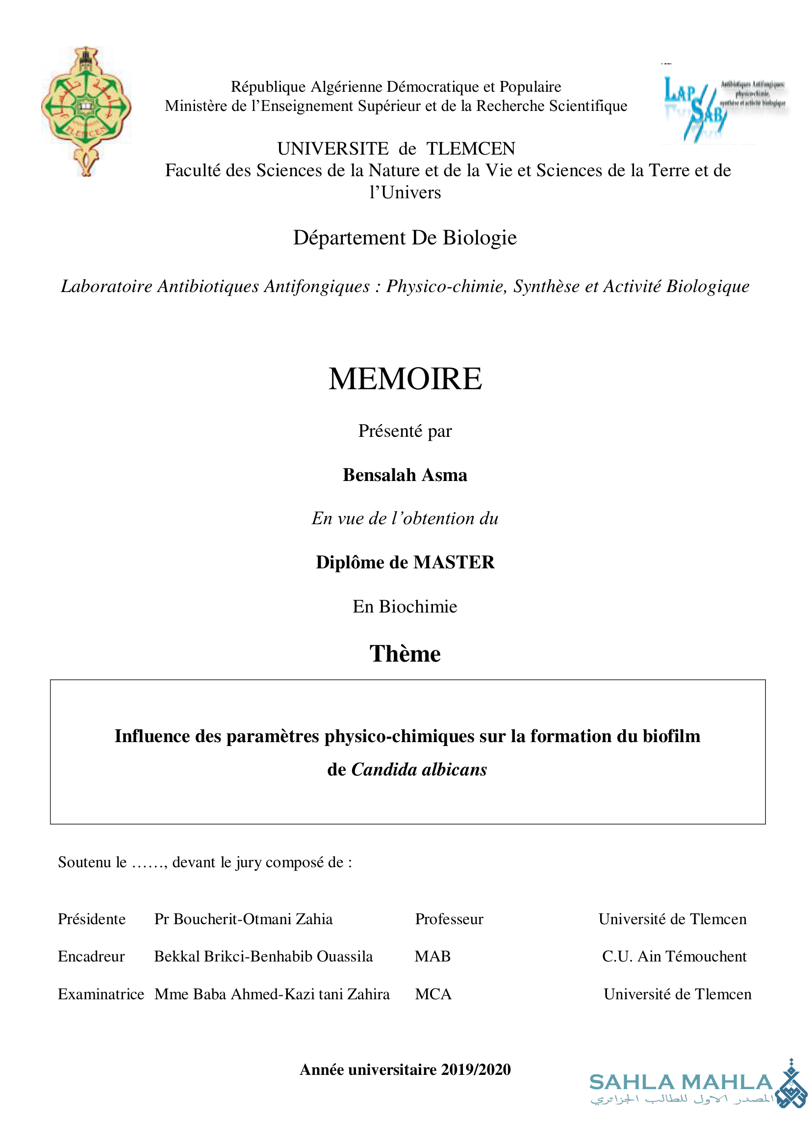 Influence des paramètres physico-chimiques sur la formation du biofilm de Candida albicans