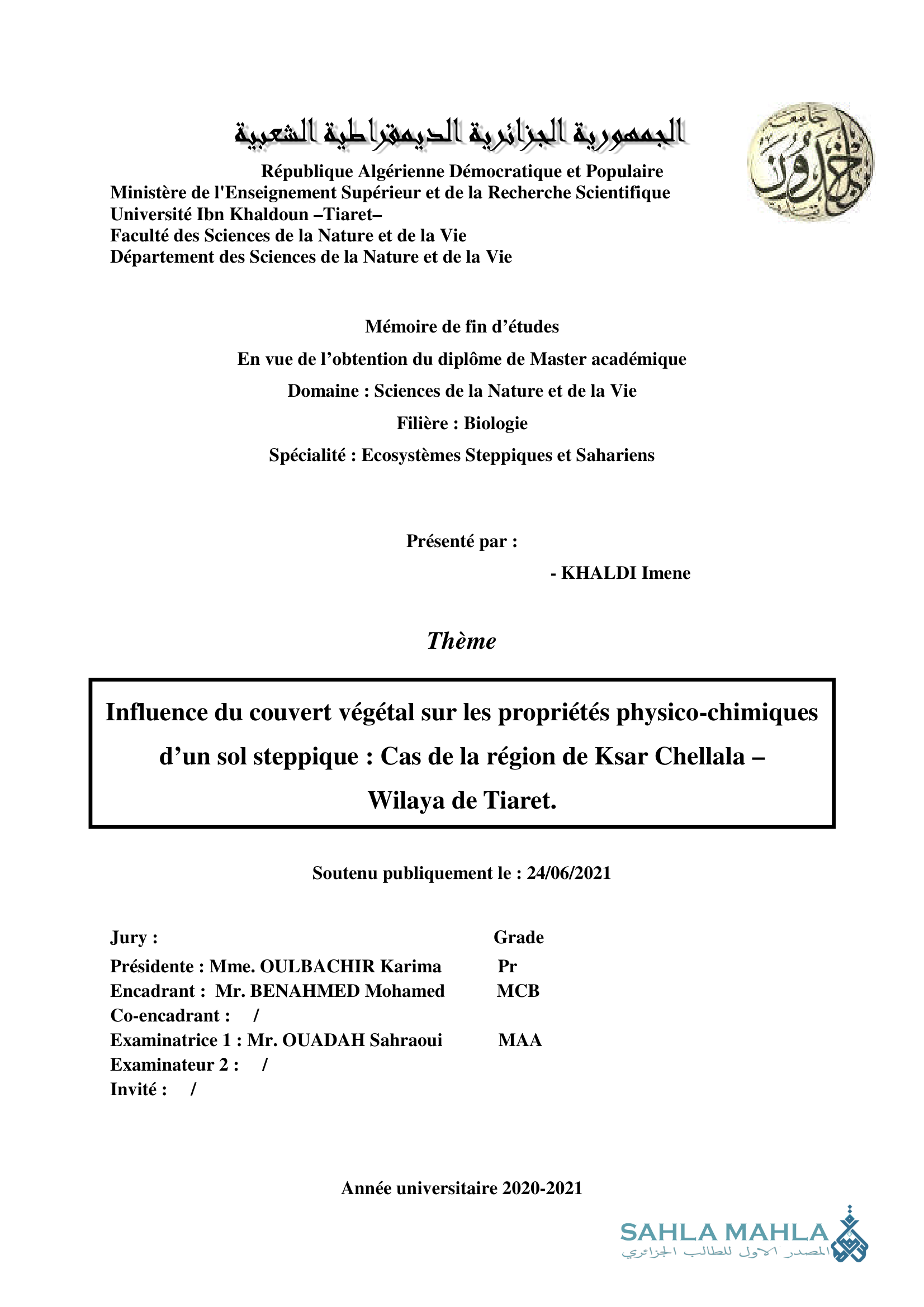Influence du couvert végétal sur les propriétés physico-chimiques d'un sol steppique : Cas de la région de Ksar Chellala – Wilaya de Tiaret.