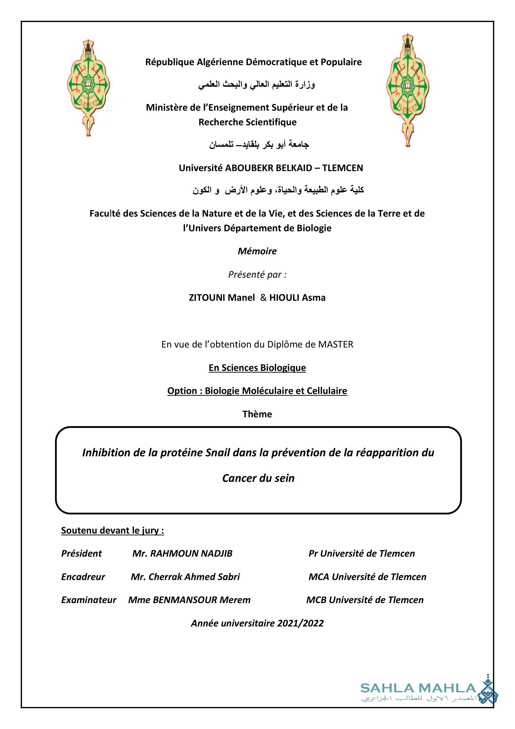 Inhibition de la protéine Snail dans la prévention de la réapparition du Cancer du sein