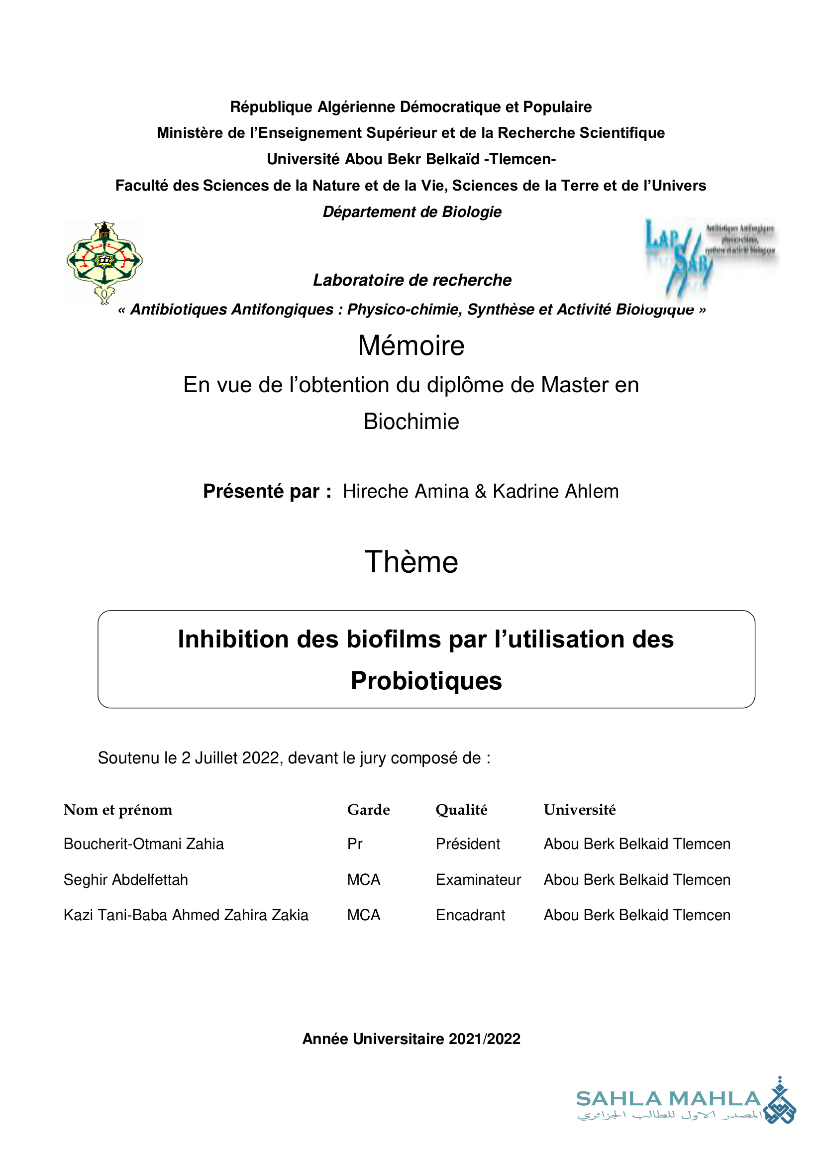 Inhibition des biofilms par l'utilisation des Probiotiques