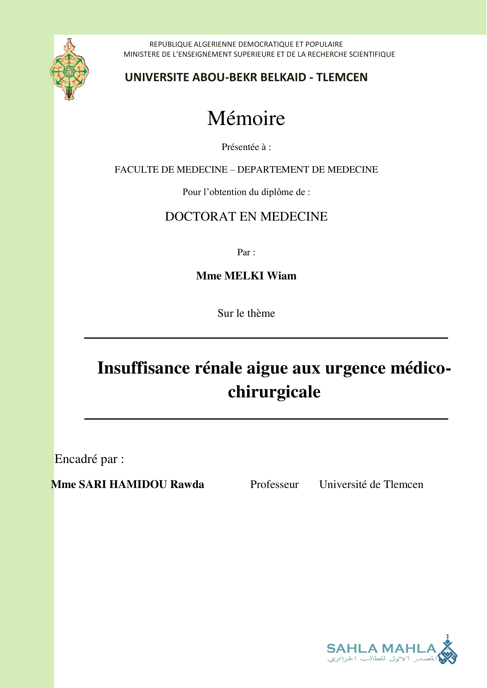 Insuffisance rénale aigue aux urgence médico-chirurgicale