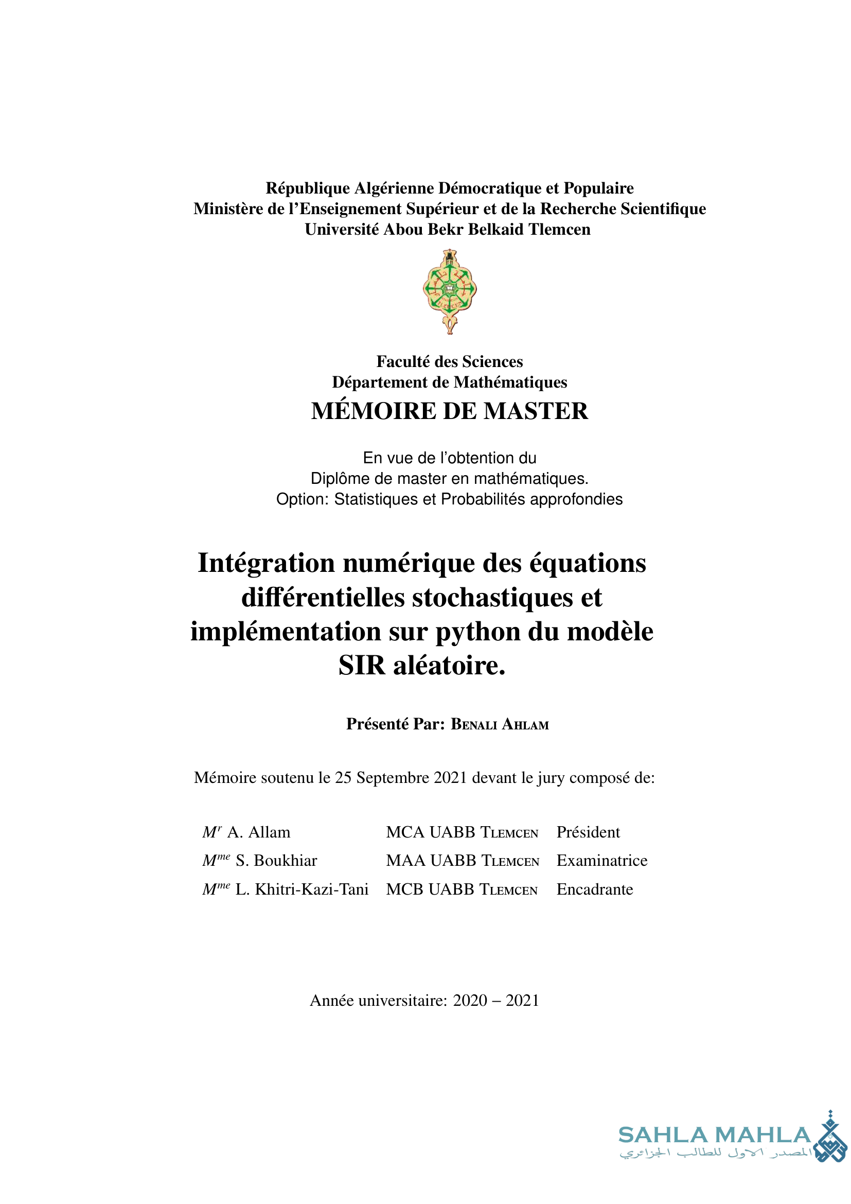 Intégration numérique des équations différentielles stochastiques et implémentation sur python du modèle SIR aléatoire.