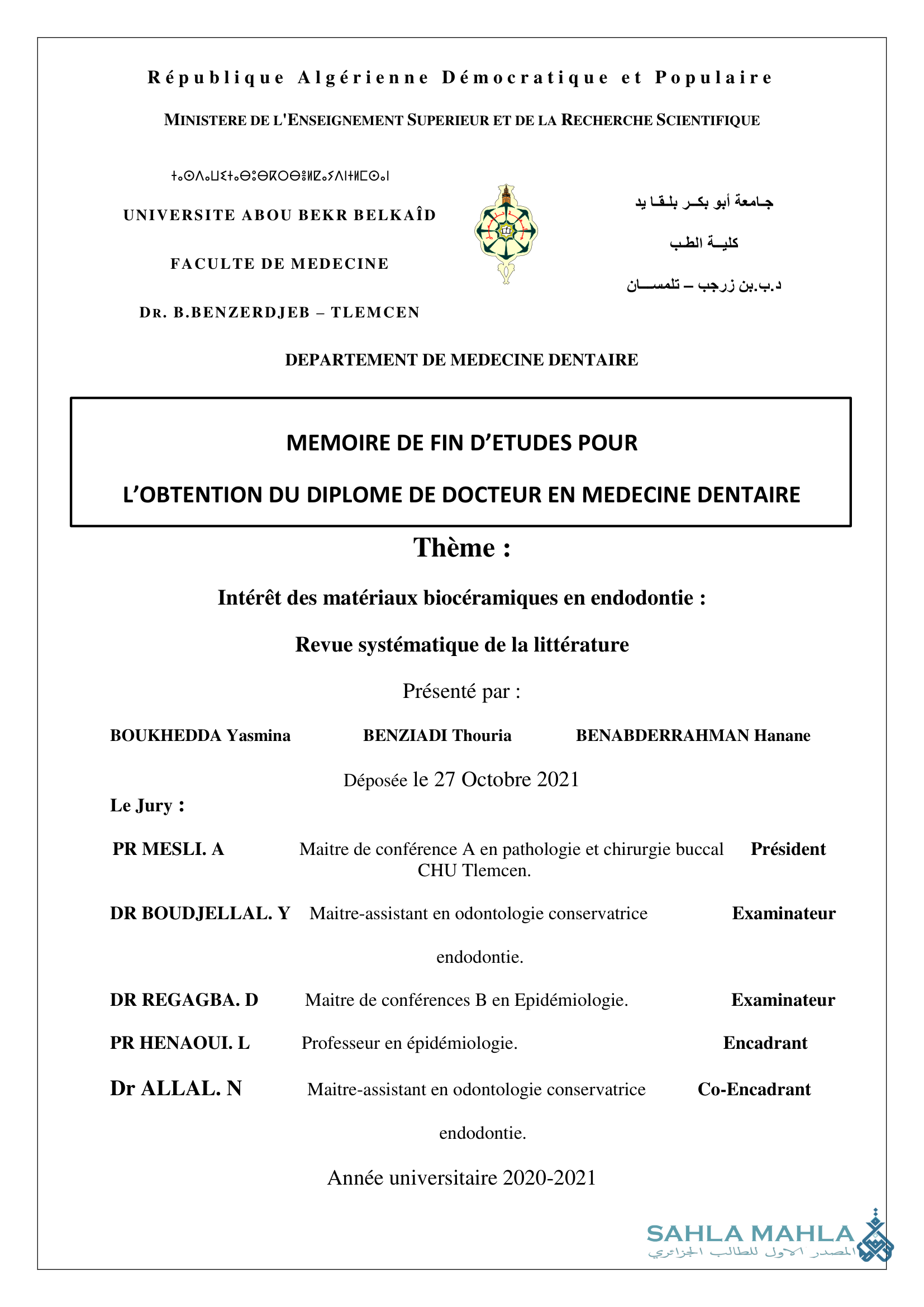 Intérêt des matériaux biocéramiques en endodontie : Revue systématique de la littérature