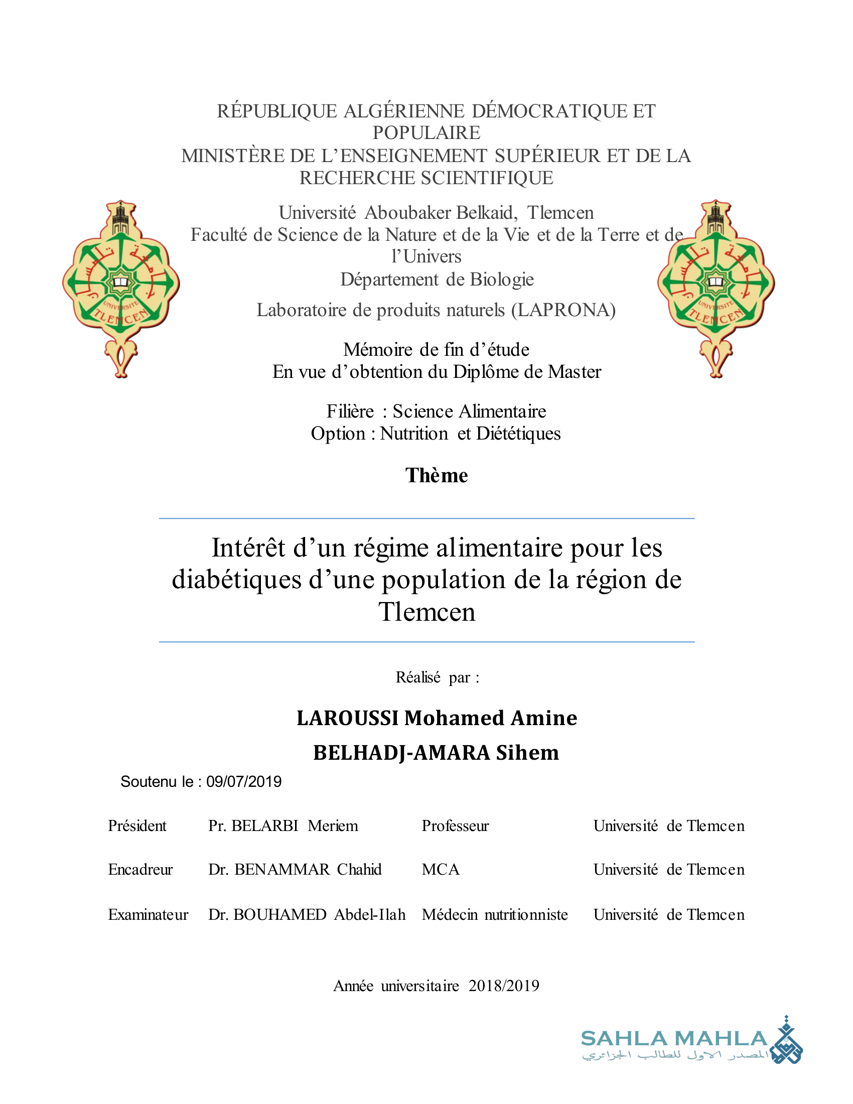 Intérêt d'un régime alimentaire pour les diabétiques d'une population de la région de Tlemcen