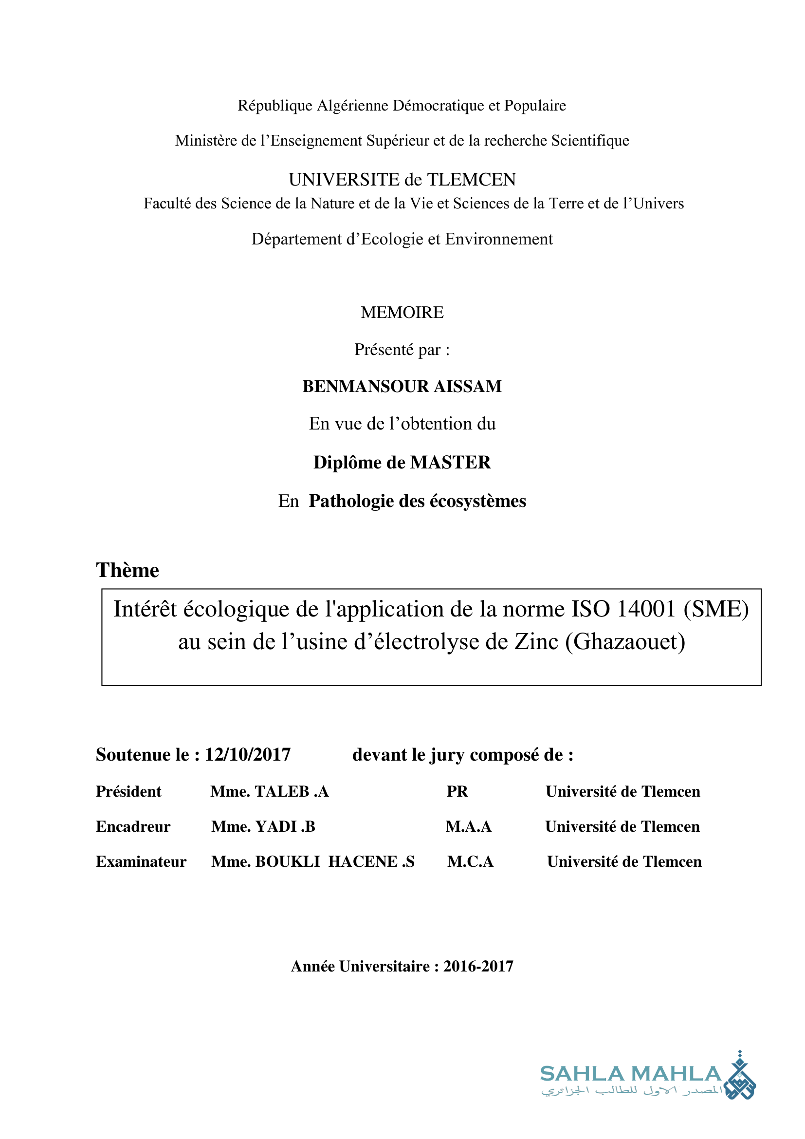 Intérêt écologique de l'application de la norme ISO 14001 (SME) au sein de l'usine d'électrolyse de Zinc (Ghazaouet)