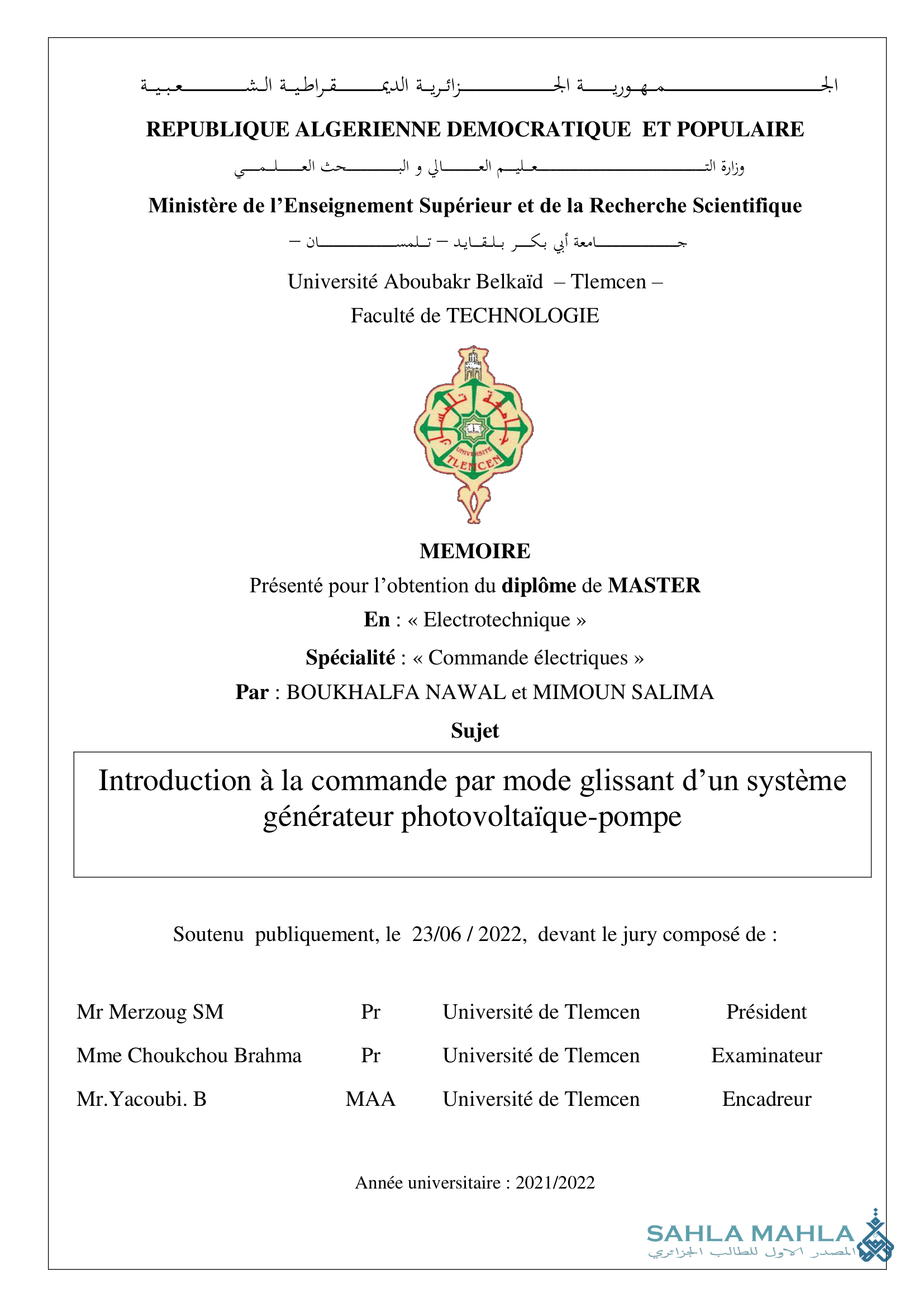 Introduction à la commande par mode glissant d'un système générateur photovoltaïque-pompe