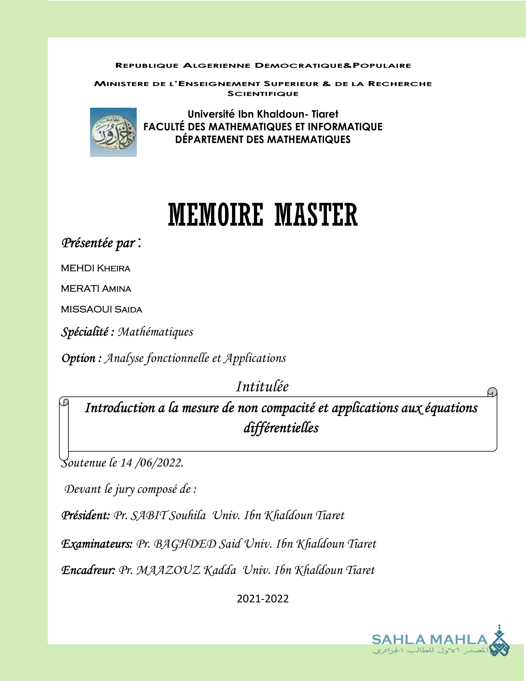 Introduction a la mesure de non compacité et applications aux équations différentielles