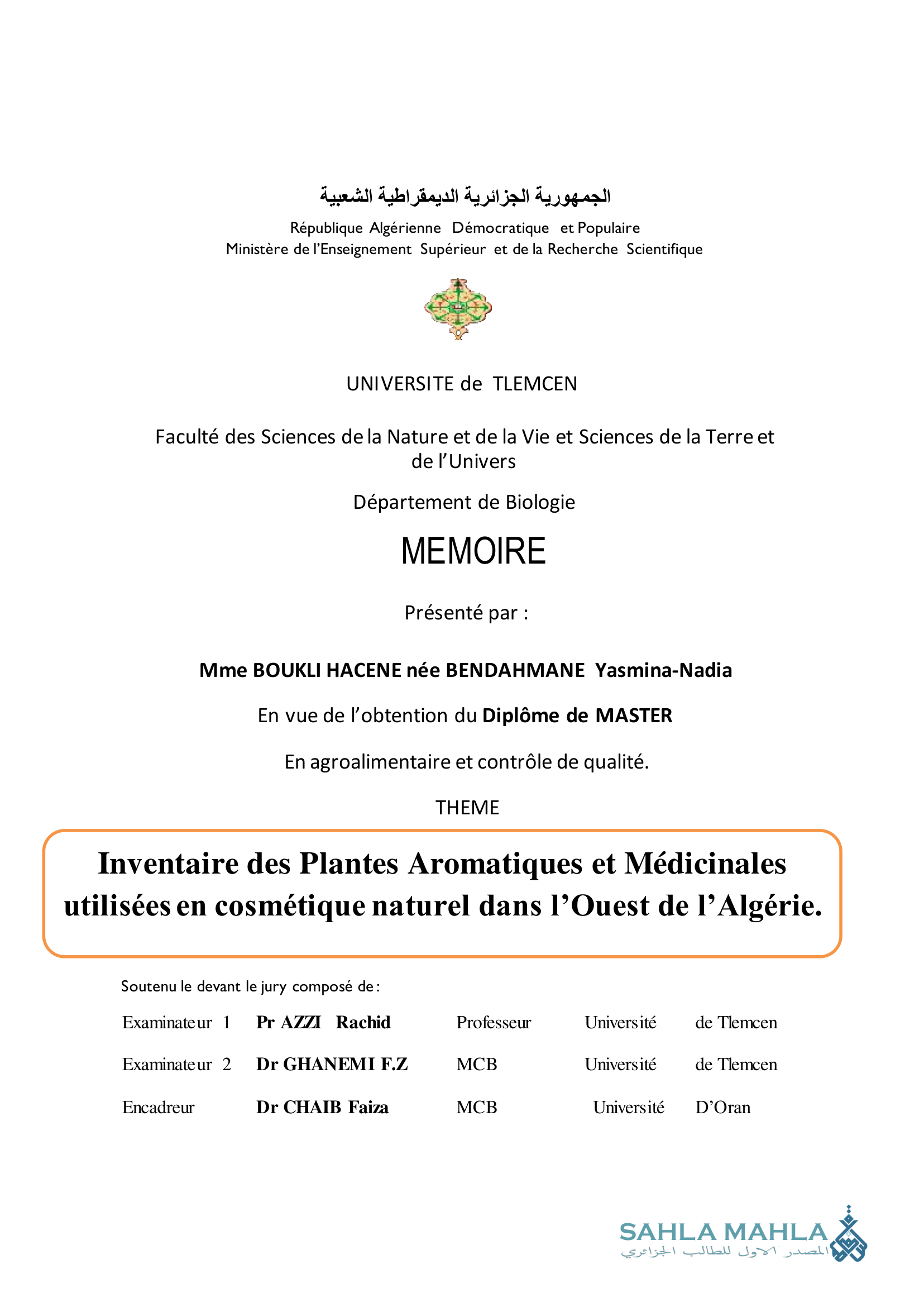Inventaire des Plantes Aromatiques et Médicinales utilisées en cosmétique naturel dans l'Ouest de l'Algérie.