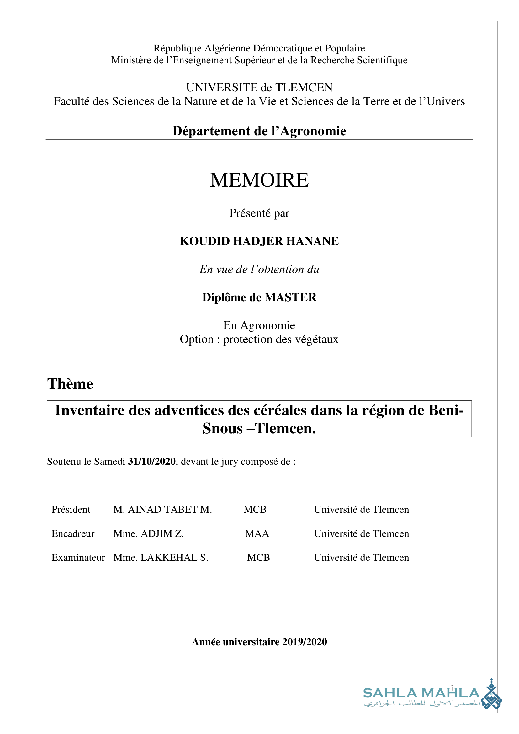 Inventaire des adventices des céréales dans la région de Beni- Snous -Tlemcen.