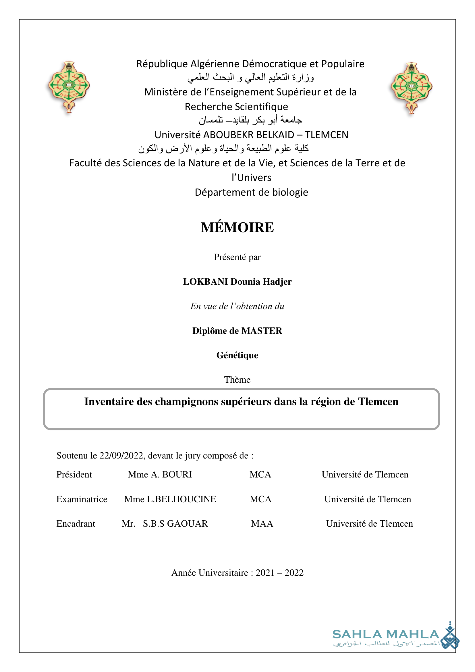 Inventaire des champignons supérieurs dans la région de Tlemcen