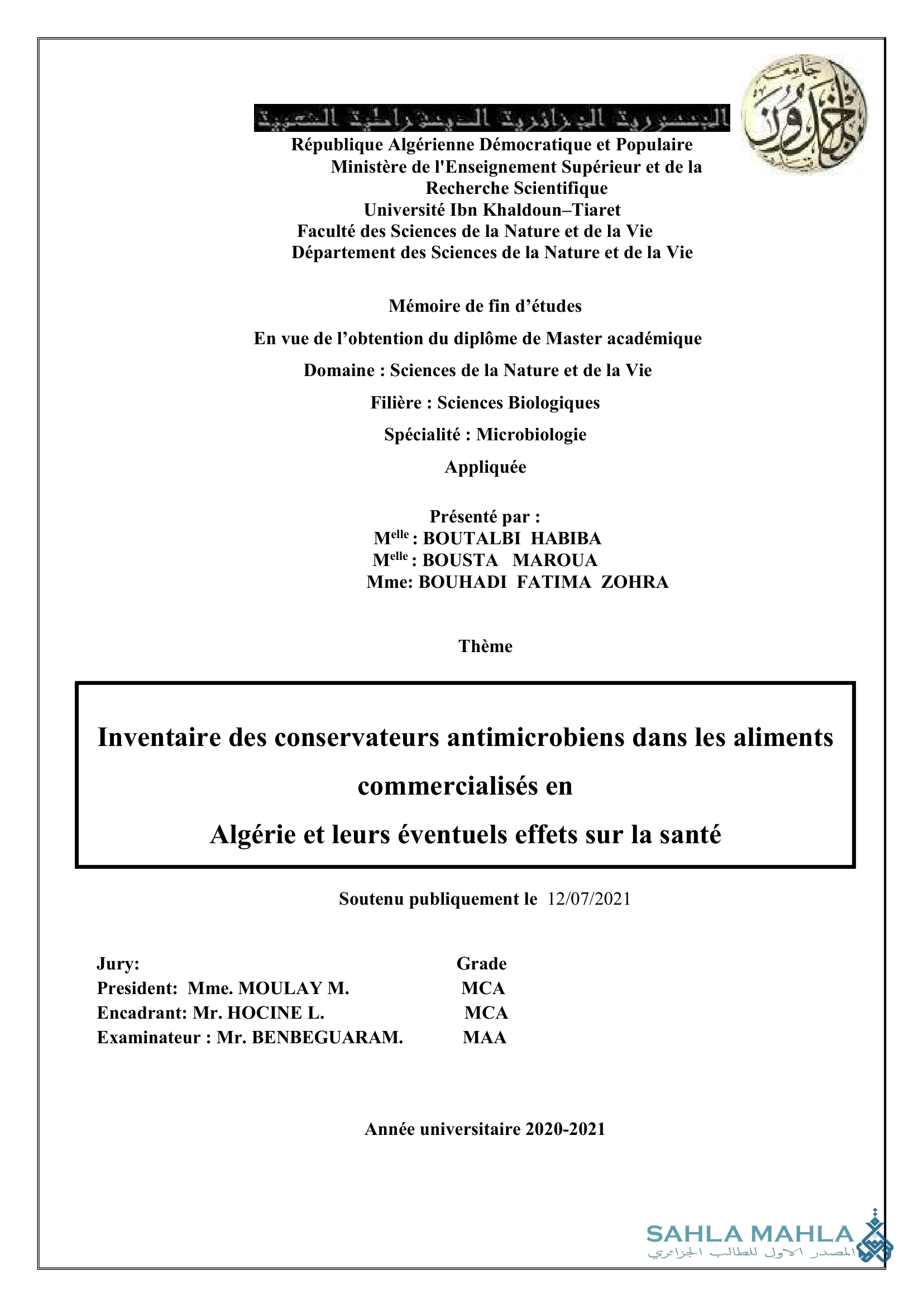 Inventaire des conservateurs antimicrobiens dans les aliments commercialisés en Algérie et leurs éventuels effets sur la santé