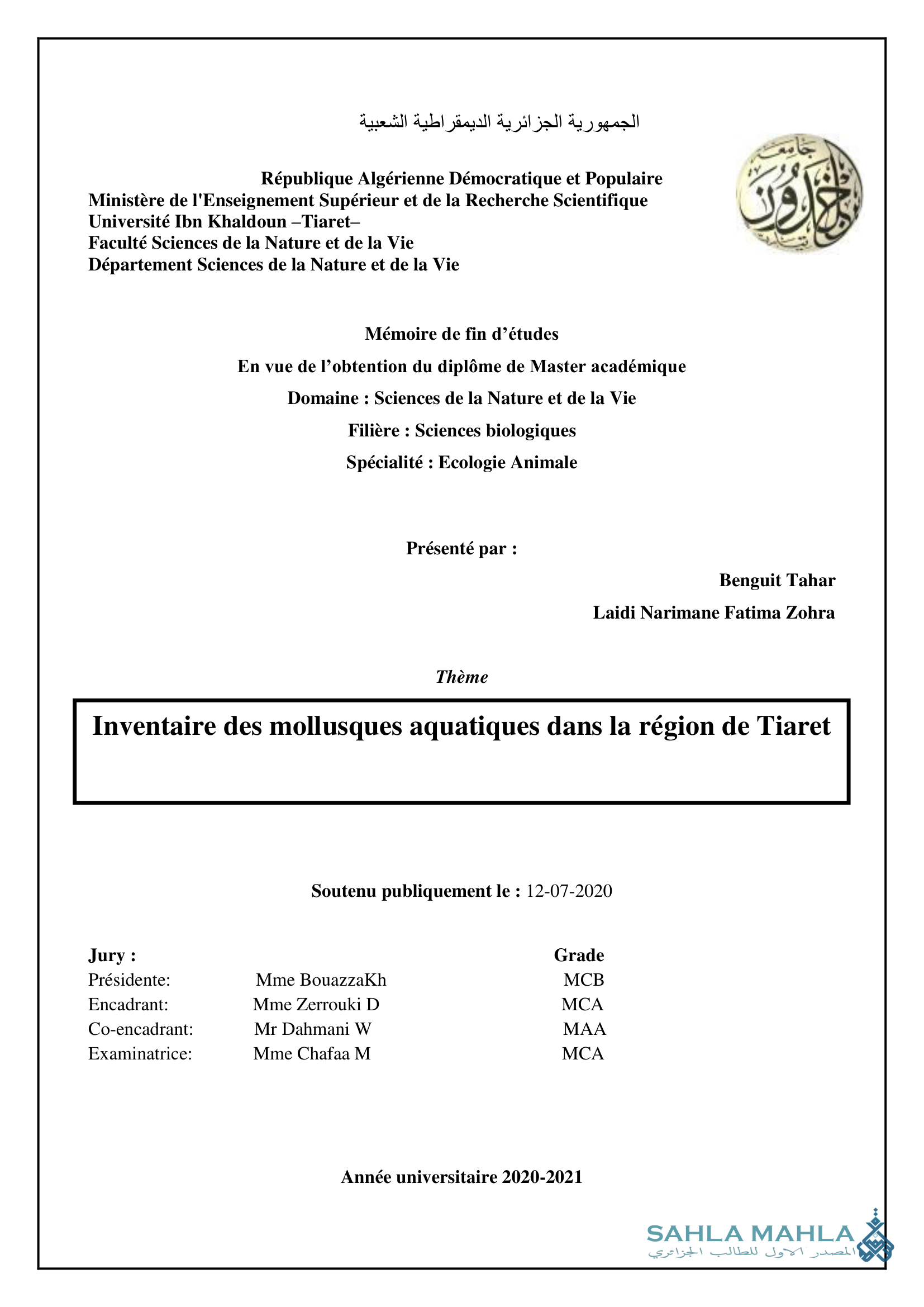 Inventaire des mollusques aquatiques dans la région de Tiaret