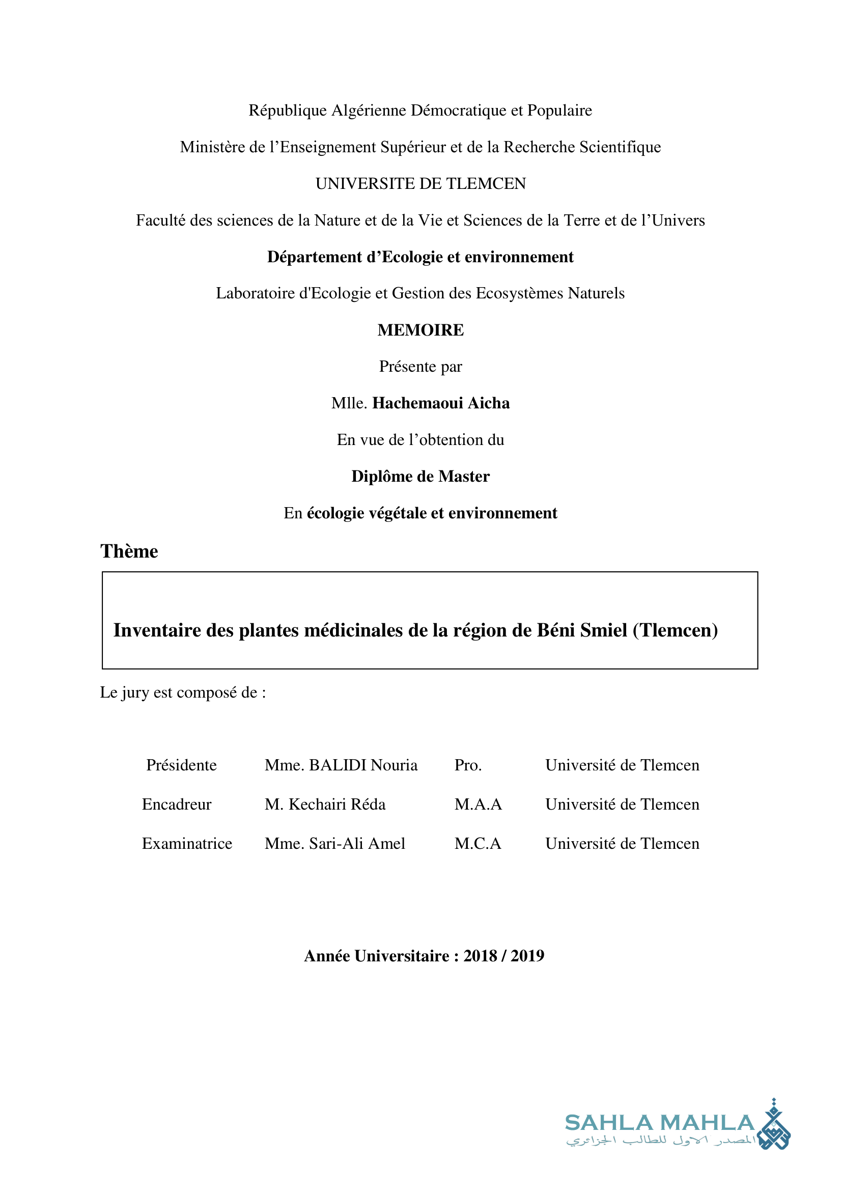 Inventaire des plantes médicinales de la région de Béni Smiel (Tlemcen)