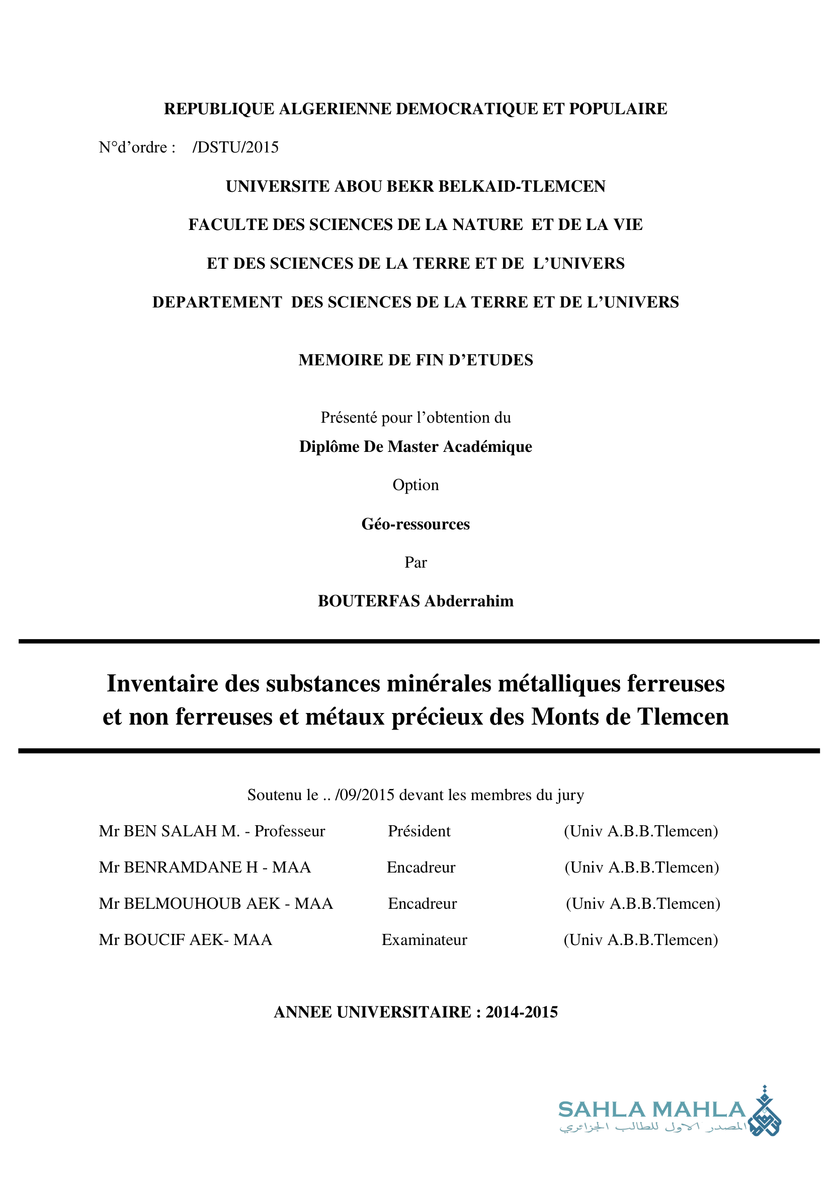 Inventaire des substances minérales métalliques ferreuses et non ferreuses et métaux précieux des Monts de Tlemcen