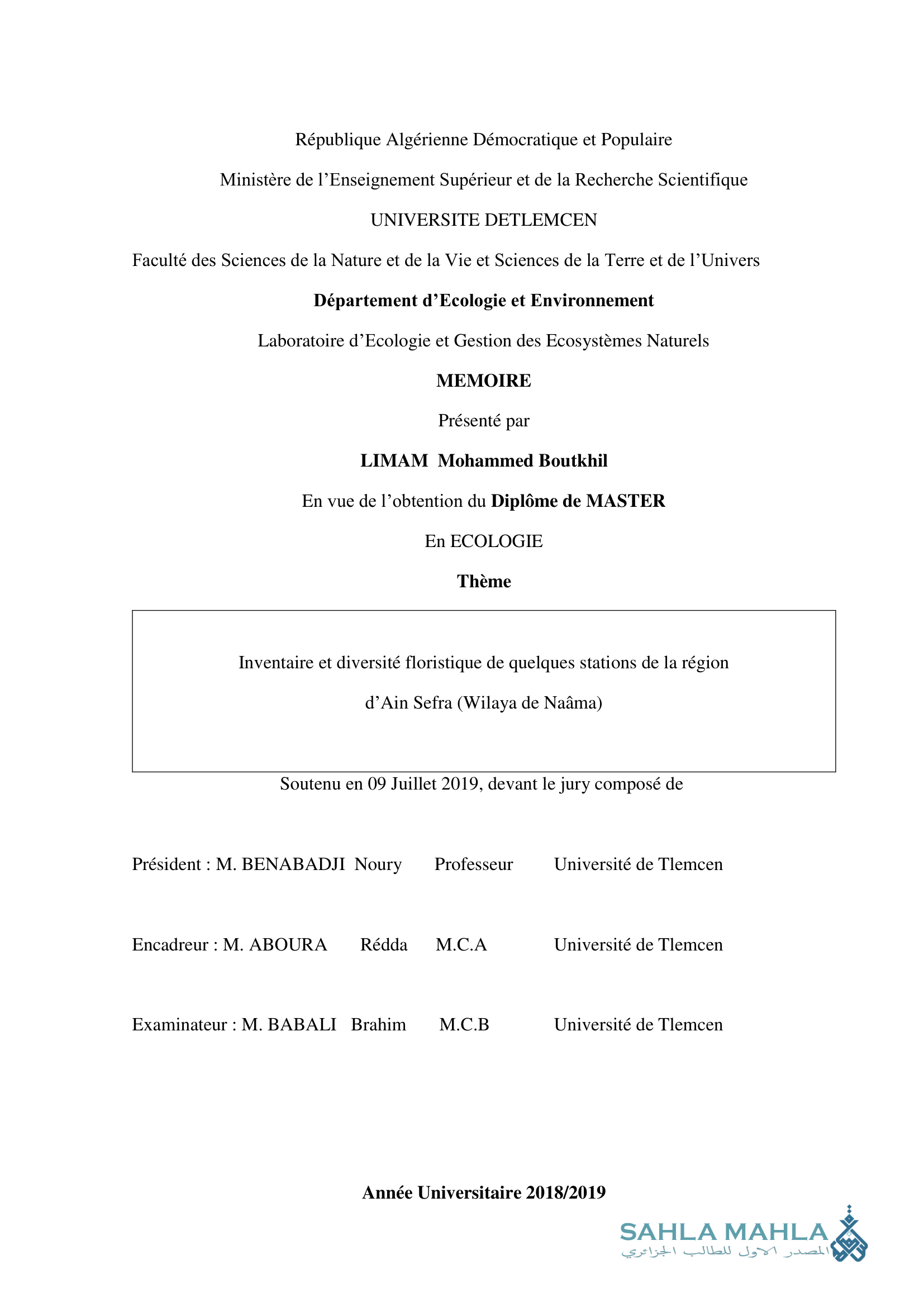 Inventaire et diversité floristique de quelques stations de la région d'Ain Sefra (Wilaya de Naâma)